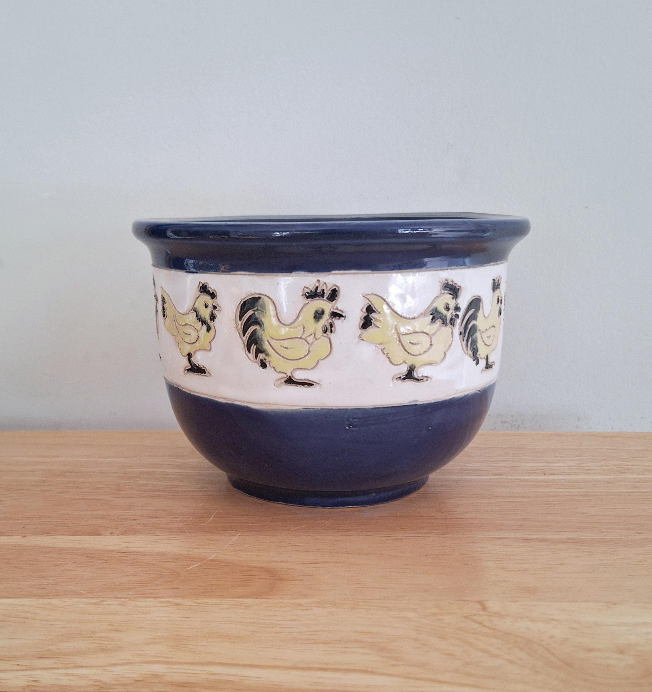 Handcrafted Ceramic Rooster Planter | Blue and Yellow Chicken-Themed Decorative Pot | Farmhouse Style Pottery | Vintage Ceramic Plant Pot
