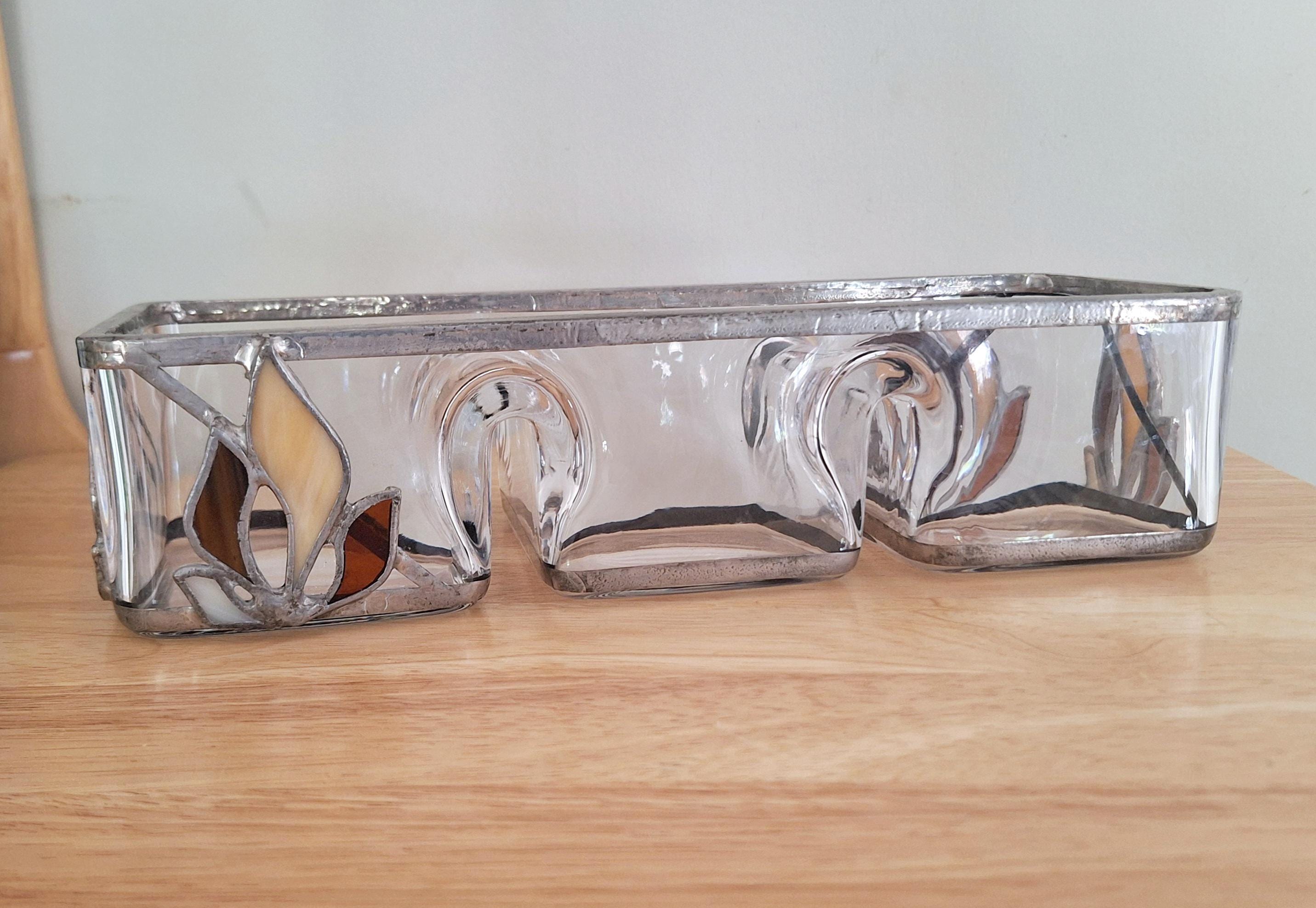Vintage 3-Compartment Stained Glass Serving Dish | Decorative Glass Tray for Appetizers, Snacks, or Condiments