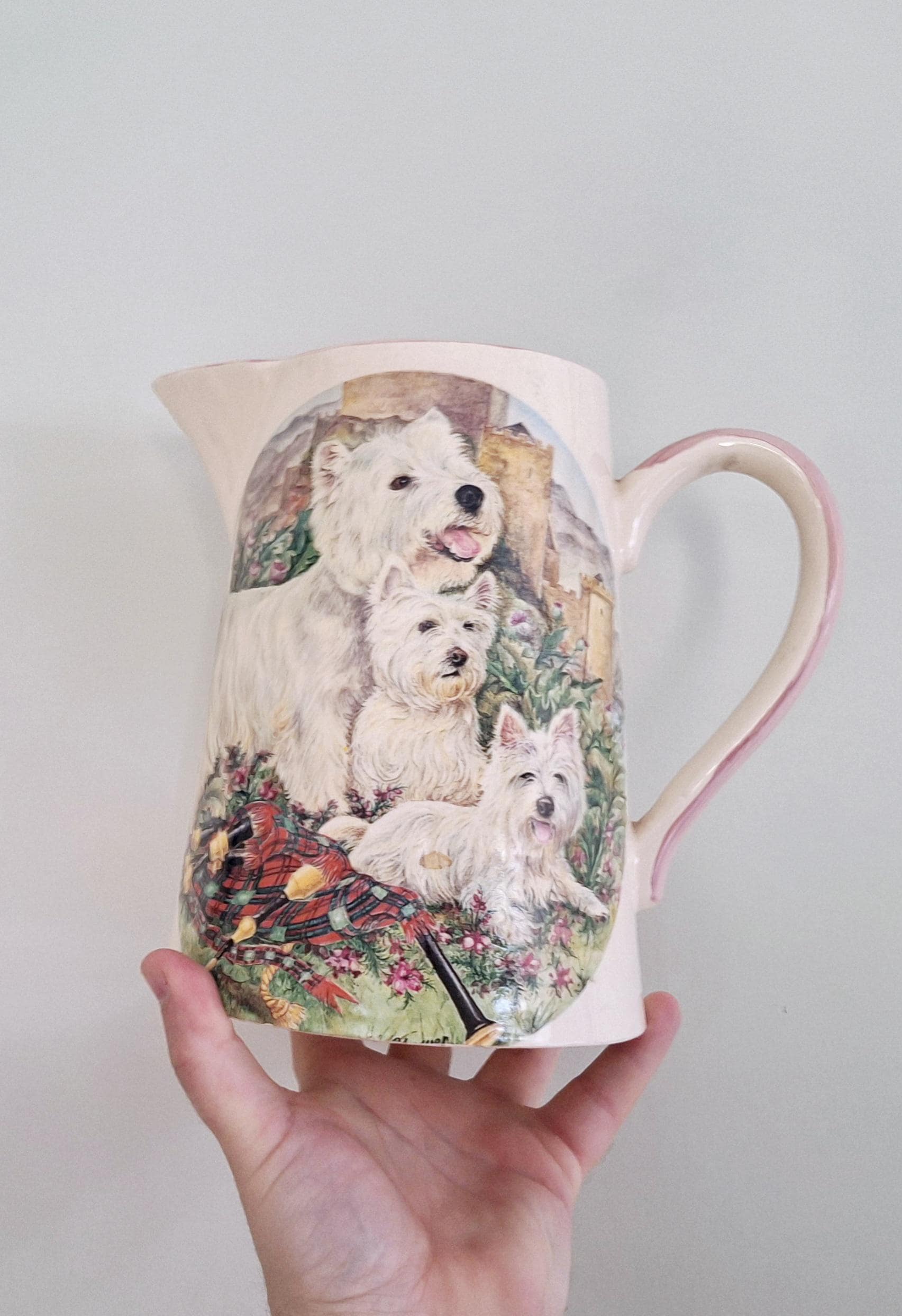 Vintage English Ceramic Pitcher with Adorable Westie Dogs and Bagpipes - Large Decorative Jug Floral Vase