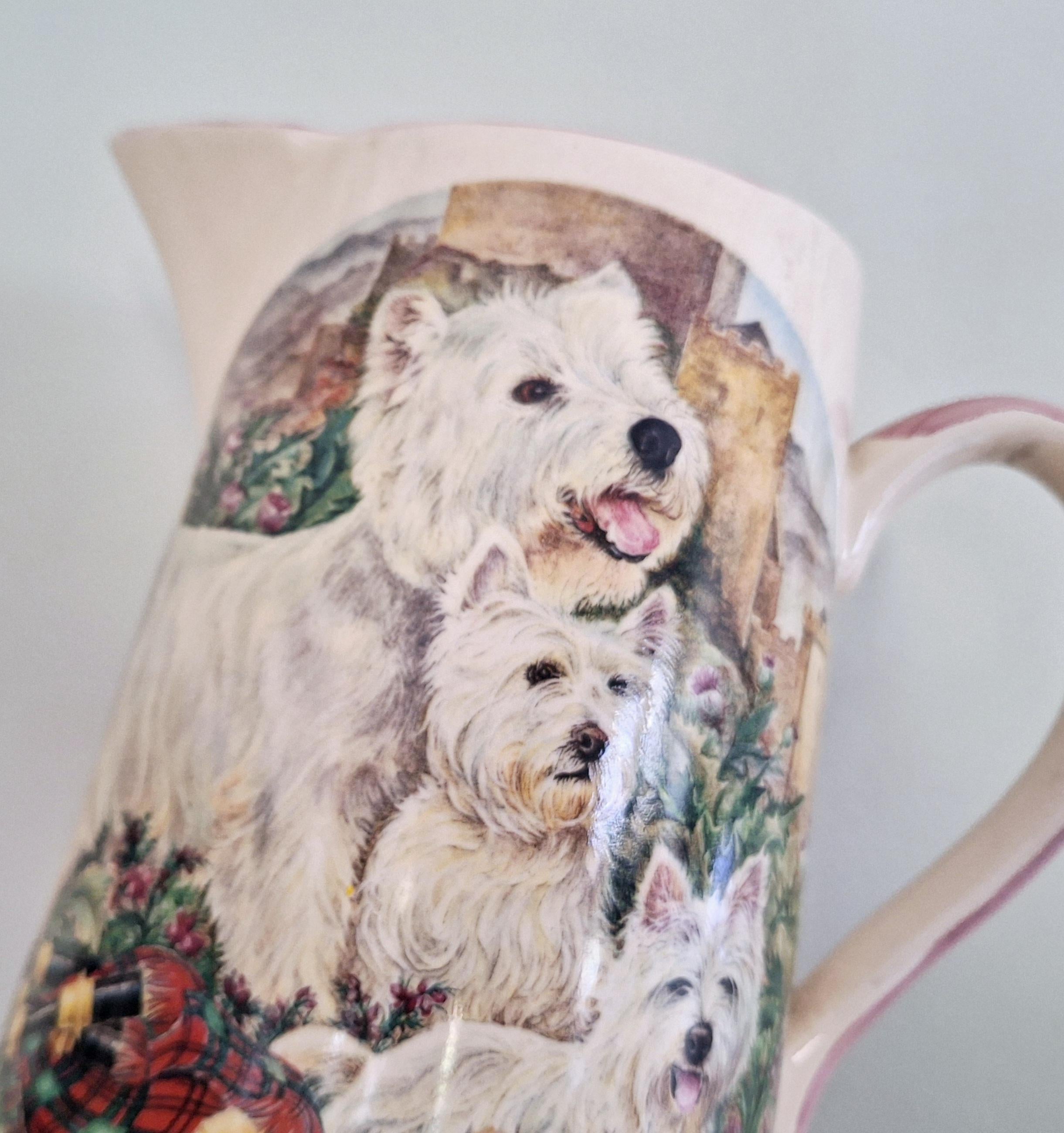Vintage English Ceramic Pitcher with Adorable Westie Dogs and Bagpipes - Large Decorative Jug Floral Vase