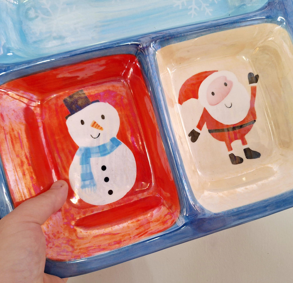 Festive Hand-Painted Ceramic Divided Serving Tray with Santa, Snowman, and Snowflakes  Perfect for Christmas Parties & Holiday Decor