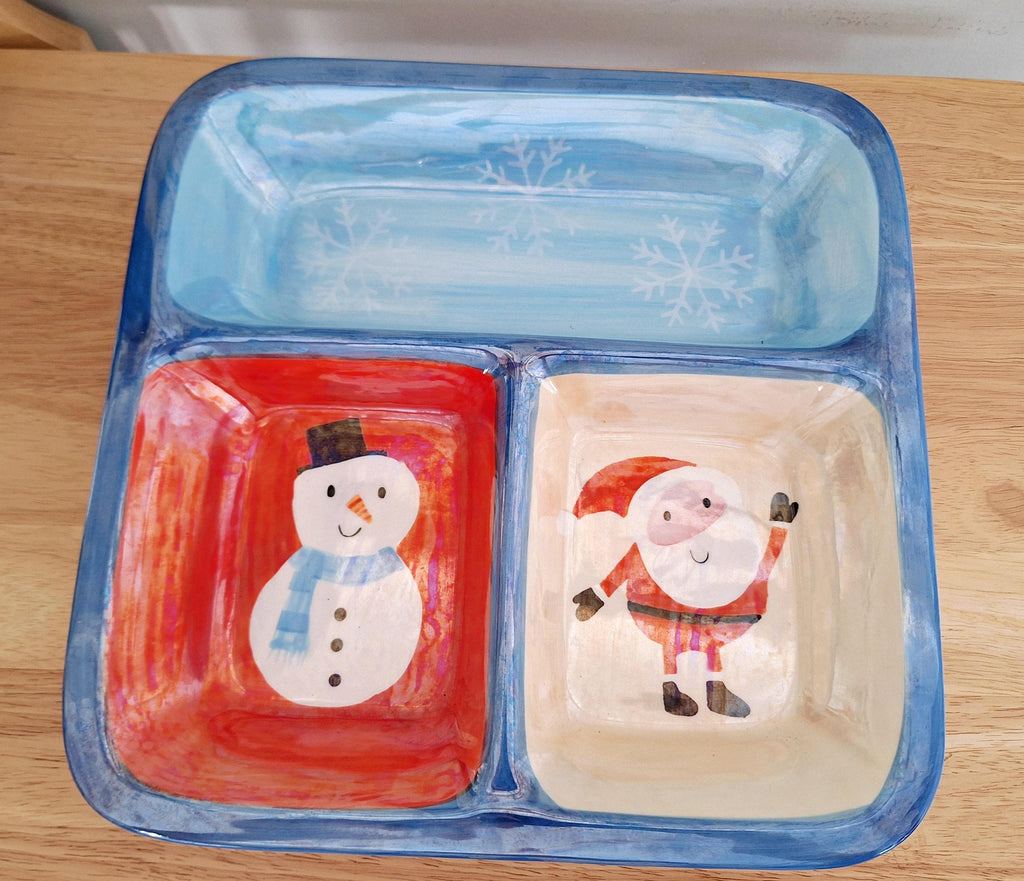 Festive Hand-Painted Ceramic Divided Serving Tray with Santa, Snowman, and Snowflakes  Perfect for Christmas Parties & Holiday Decor
