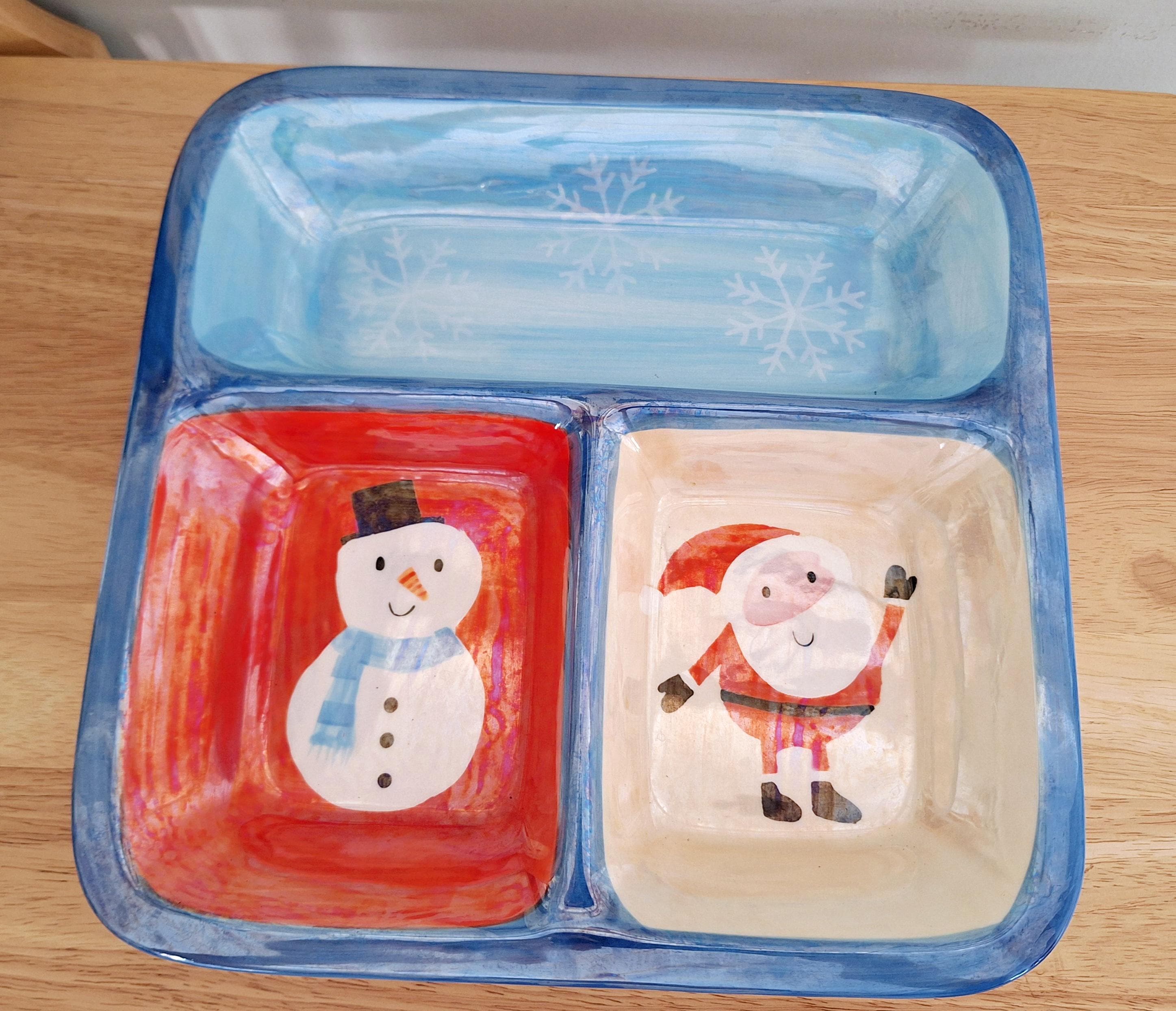 Festive Hand-Painted Ceramic Divided Serving Tray with Santa, Snowman, and Snowflakes  Perfect for Christmas Parties & Holiday Decor