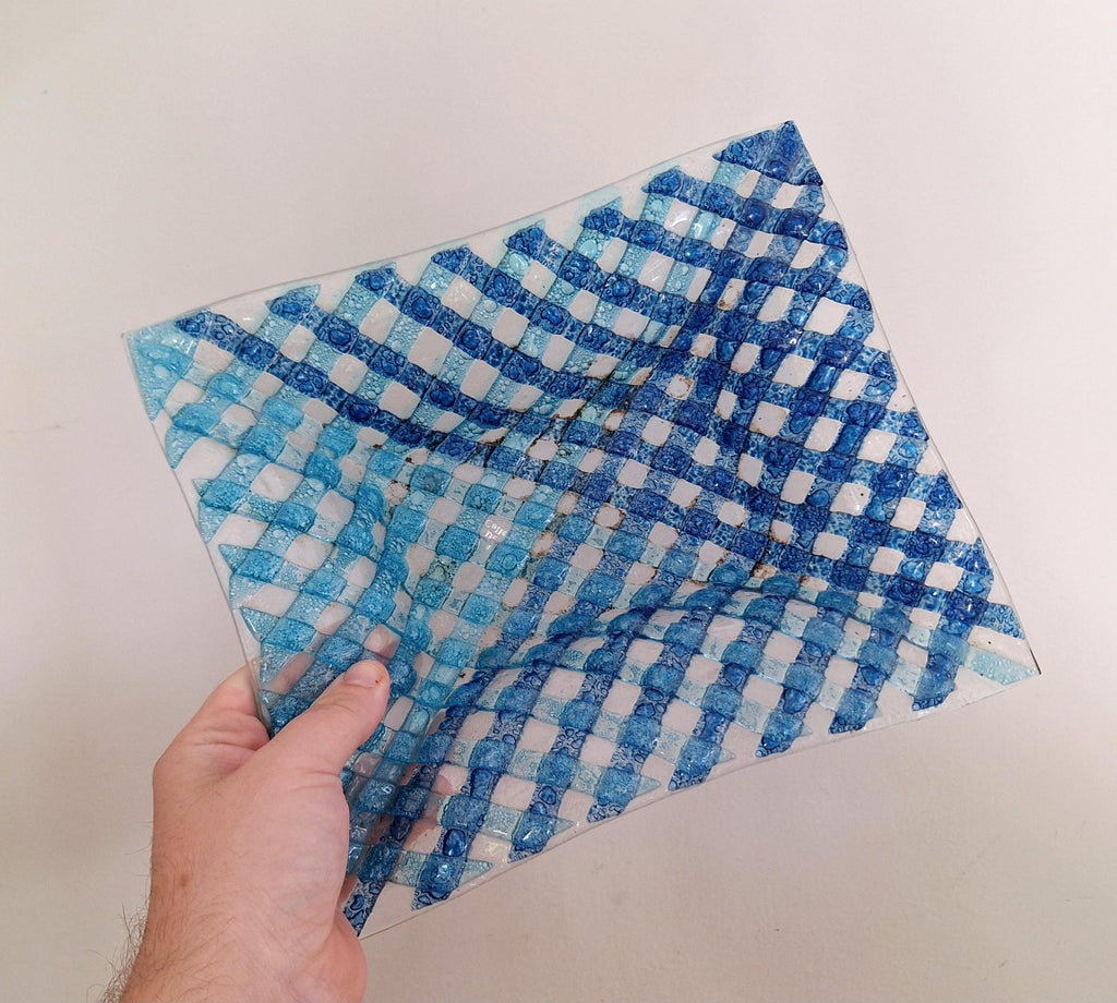 Handmade Blue Lattice Fused Glass Bowl, Decorative Art Glass Dish, Square Modern Coastal Home Decor, Unique Centerpiece Gift,