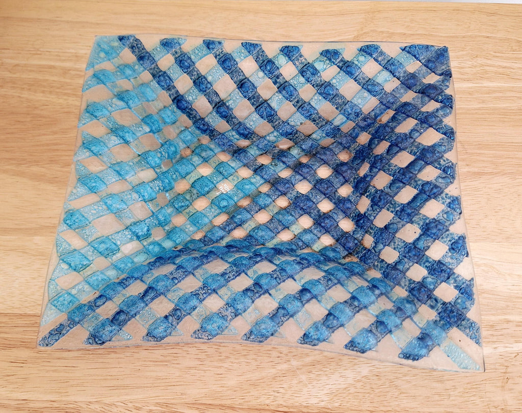 Handmade Blue Lattice Fused Glass Bowl, Decorative Art Glass Dish, Square Modern Coastal Home Decor, Unique Centerpiece Gift,