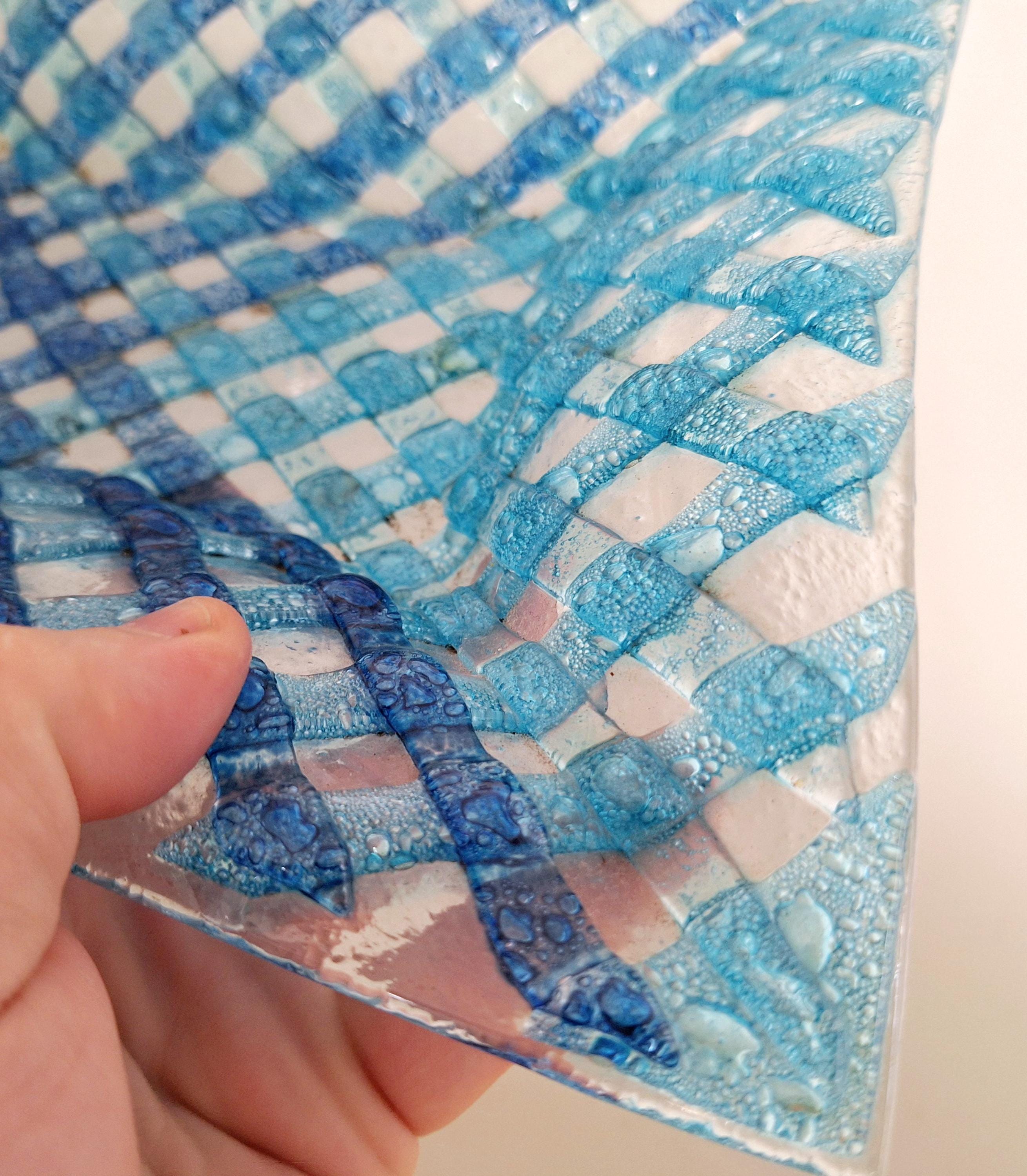 Handmade Blue Lattice Fused Glass Bowl, Decorative Art Glass Dish, Square Modern Coastal Home Decor, Unique Centerpiece Gift,