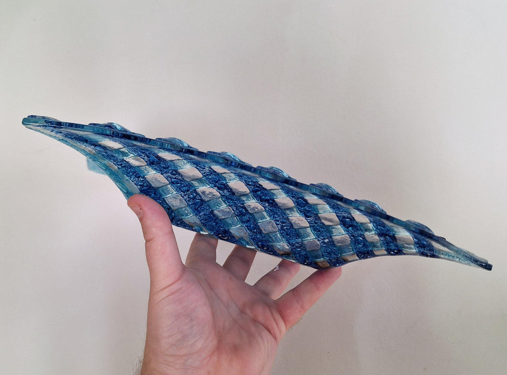 Handmade Blue Lattice Fused Glass Bowl, Decorative Art Glass Dish, Square Modern Coastal Home Decor, Unique Centerpiece Gift,