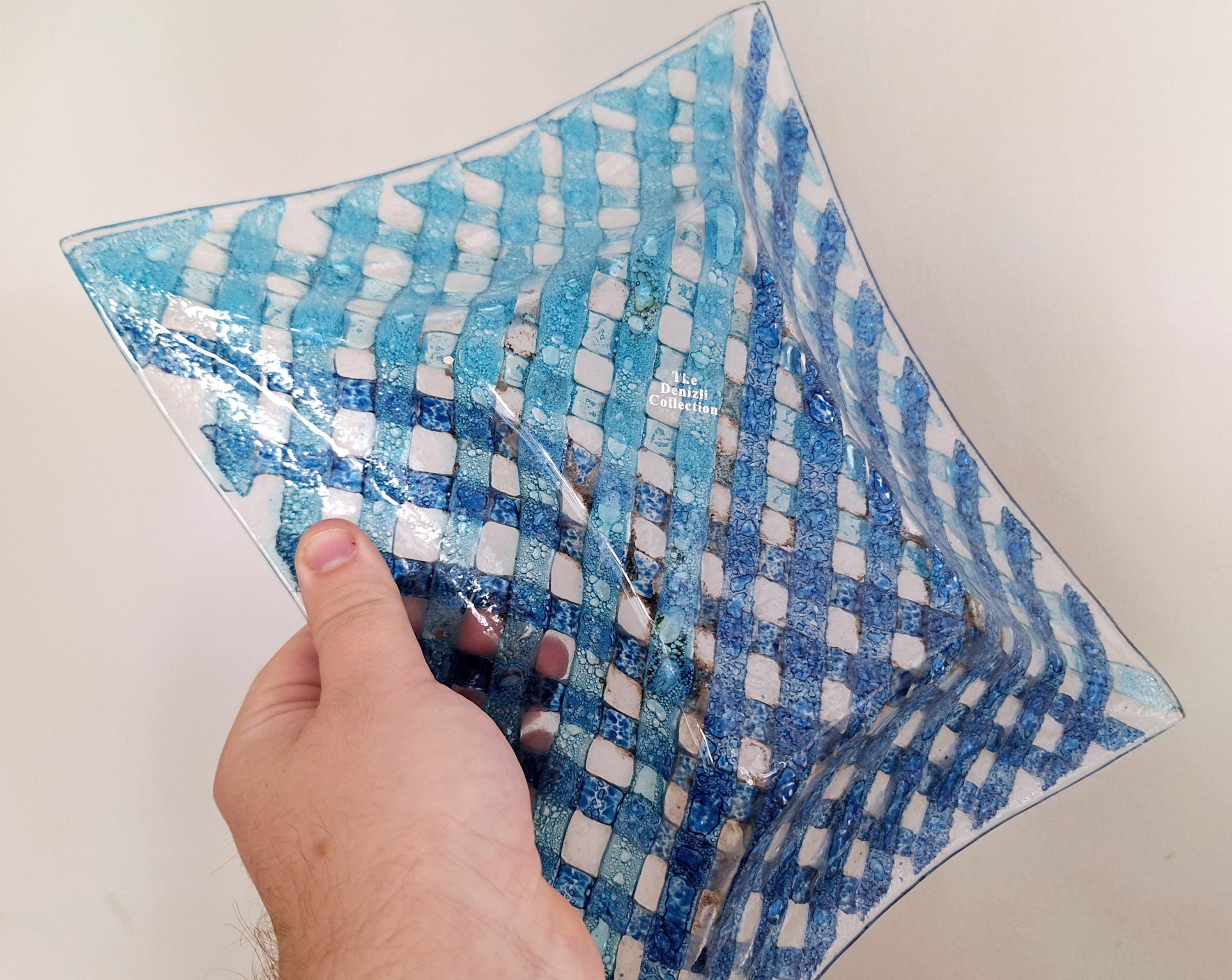 Handmade Blue Lattice Fused Glass Bowl, Decorative Art Glass Dish, Square Modern Coastal Home Decor, Unique Centerpiece Gift,