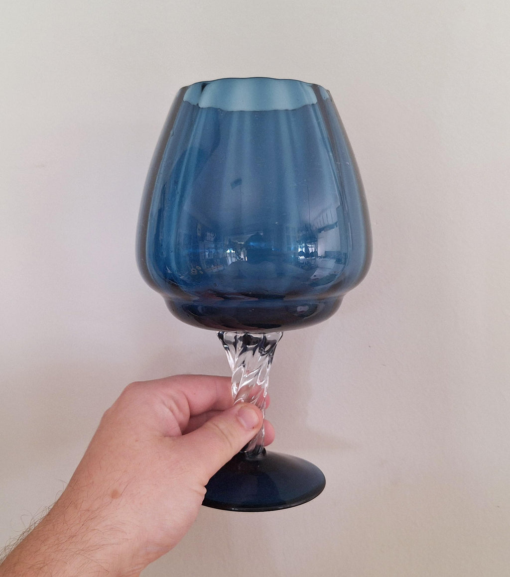 Vintage Handblown Blue Glass Goblet with Twisted Clear Stem - 1960s Art Glass, Statement Display Piece