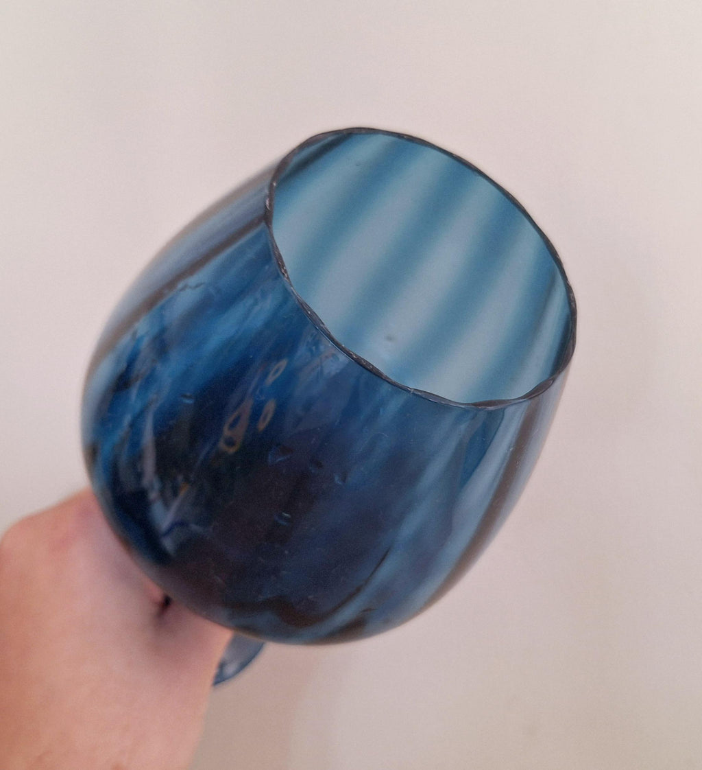 Vintage Handblown Blue Glass Goblet with Twisted Clear Stem - 1960s Art Glass, Statement Display Piece