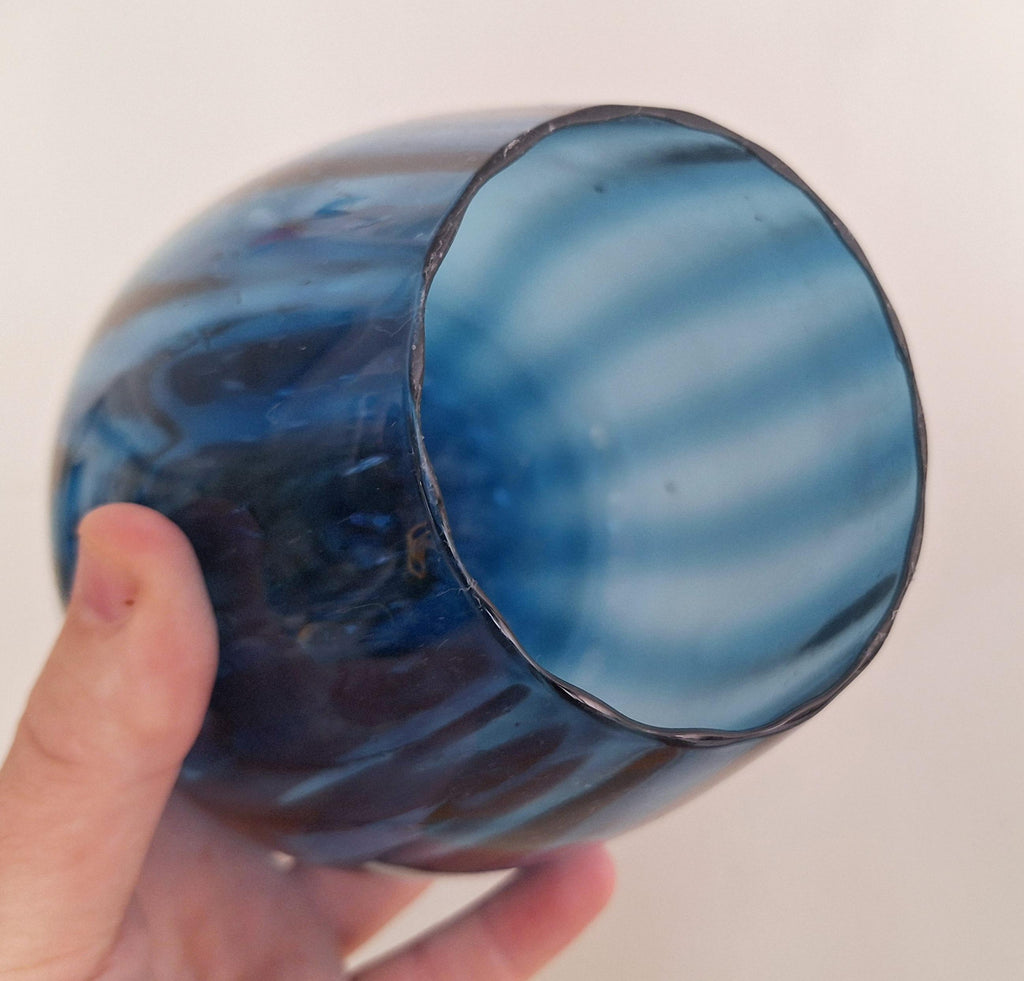Vintage Handblown Blue Glass Goblet with Twisted Clear Stem - 1960s Art Glass, Statement Display Piece