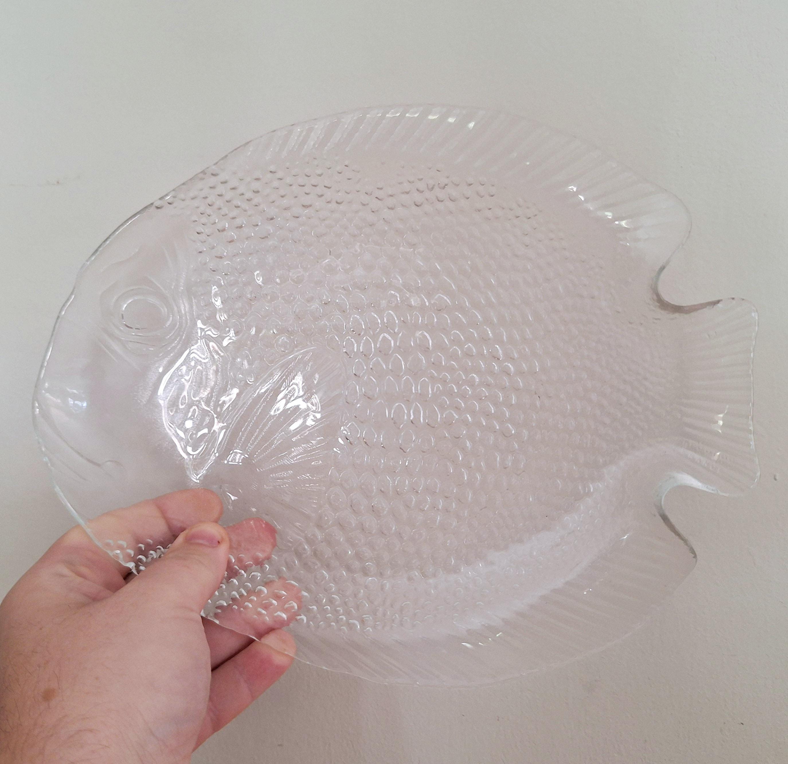 Vintage Glass Fish Serving Trays (Set of 3) - 1970s Clear Textured Glass - Mid-Century Modern Tableware