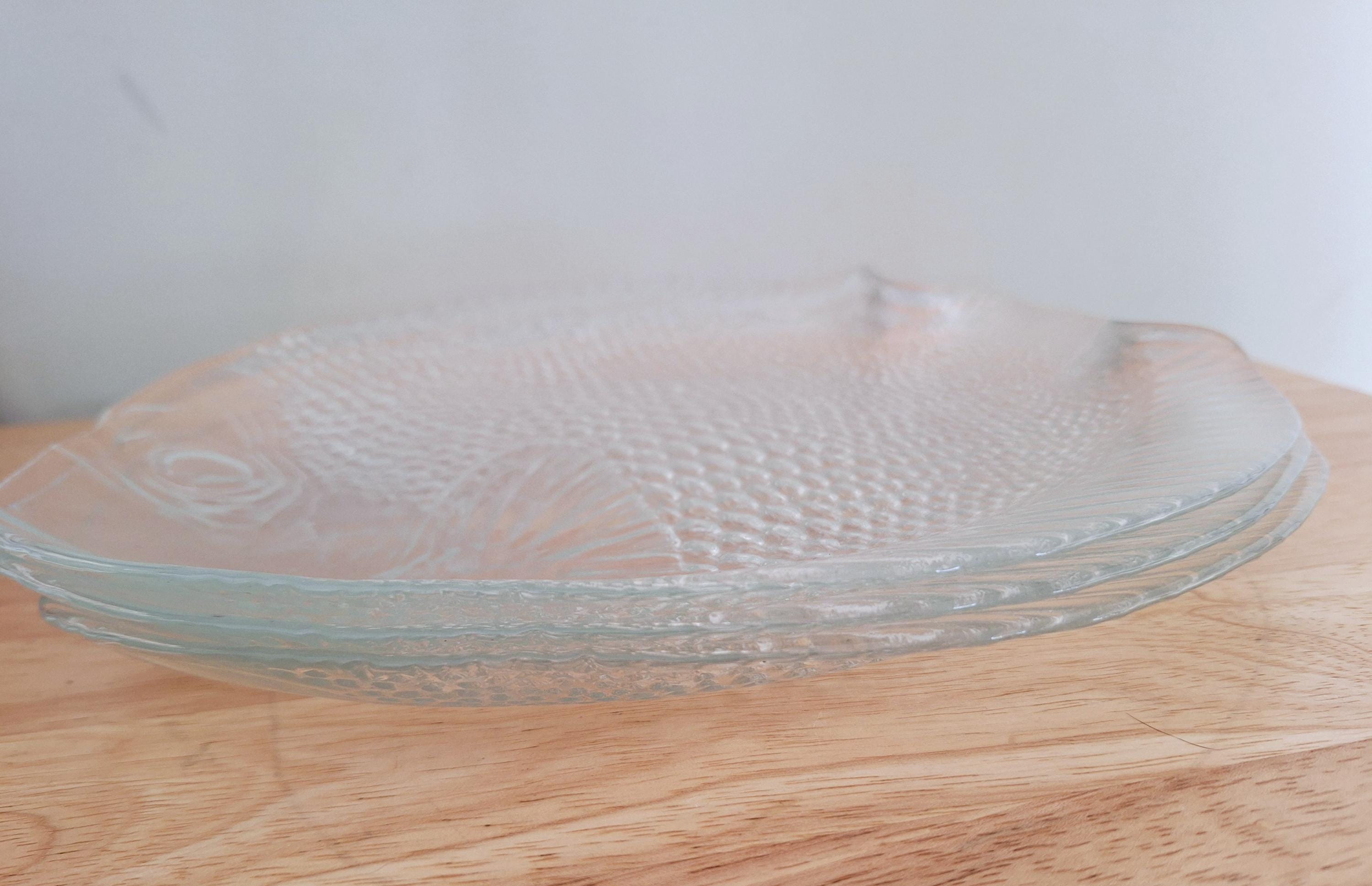 Vintage Glass Fish Serving Trays (Set of 3) - 1970s Clear Textured Glass - Mid-Century Modern Tableware
