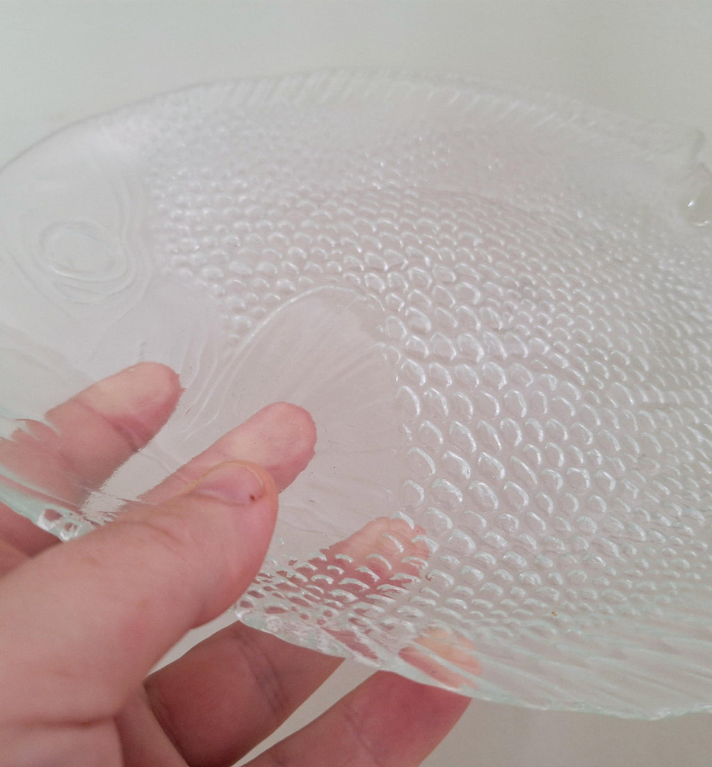 Vintage Glass Fish Serving Trays (Set of 3) - 1970s Clear Textured Glass - Mid-Century Modern Tableware