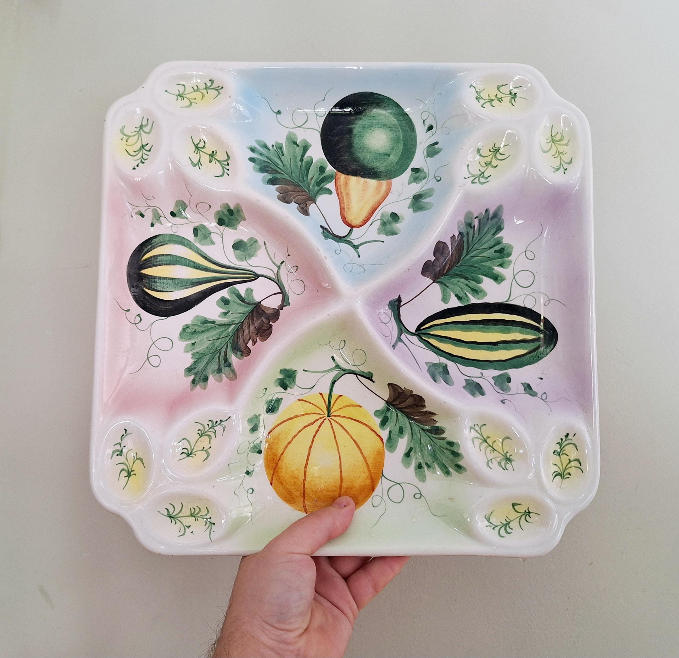 Vintage Hand-Painted Italian Ceramic Serving Tray | Colorful Gourd & Fruit Design | Divided Appetizer Platter | Made in Italy | Rustic Decor