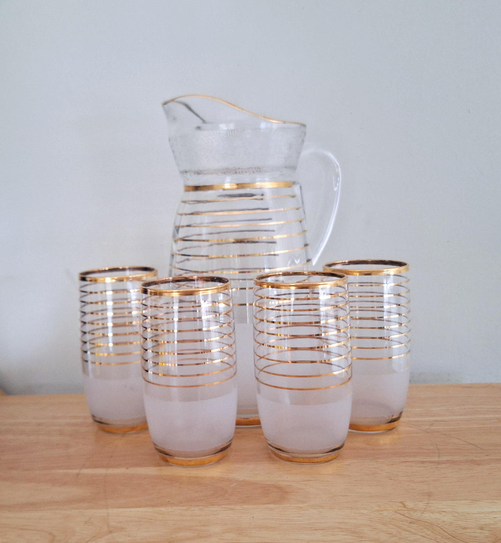Vintage Mid-Century Gold Trim Frosted Glass Pitcher Set with 4 Matching Glasses  Elegant Barware Set for Entertaining