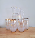 Vintage Mid-Century Gold Trim Frosted Glass Pitcher Set with 4 Matching Glasses  Elegant Barware Set for Entertaining