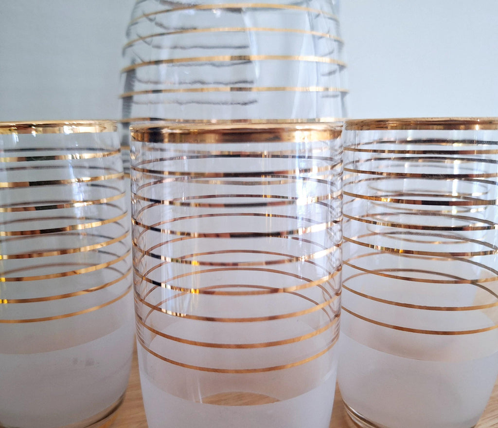 Vintage Mid-Century Gold Trim Frosted Glass Pitcher Set with 4 Matching Glasses  Elegant Barware Set for Entertaining