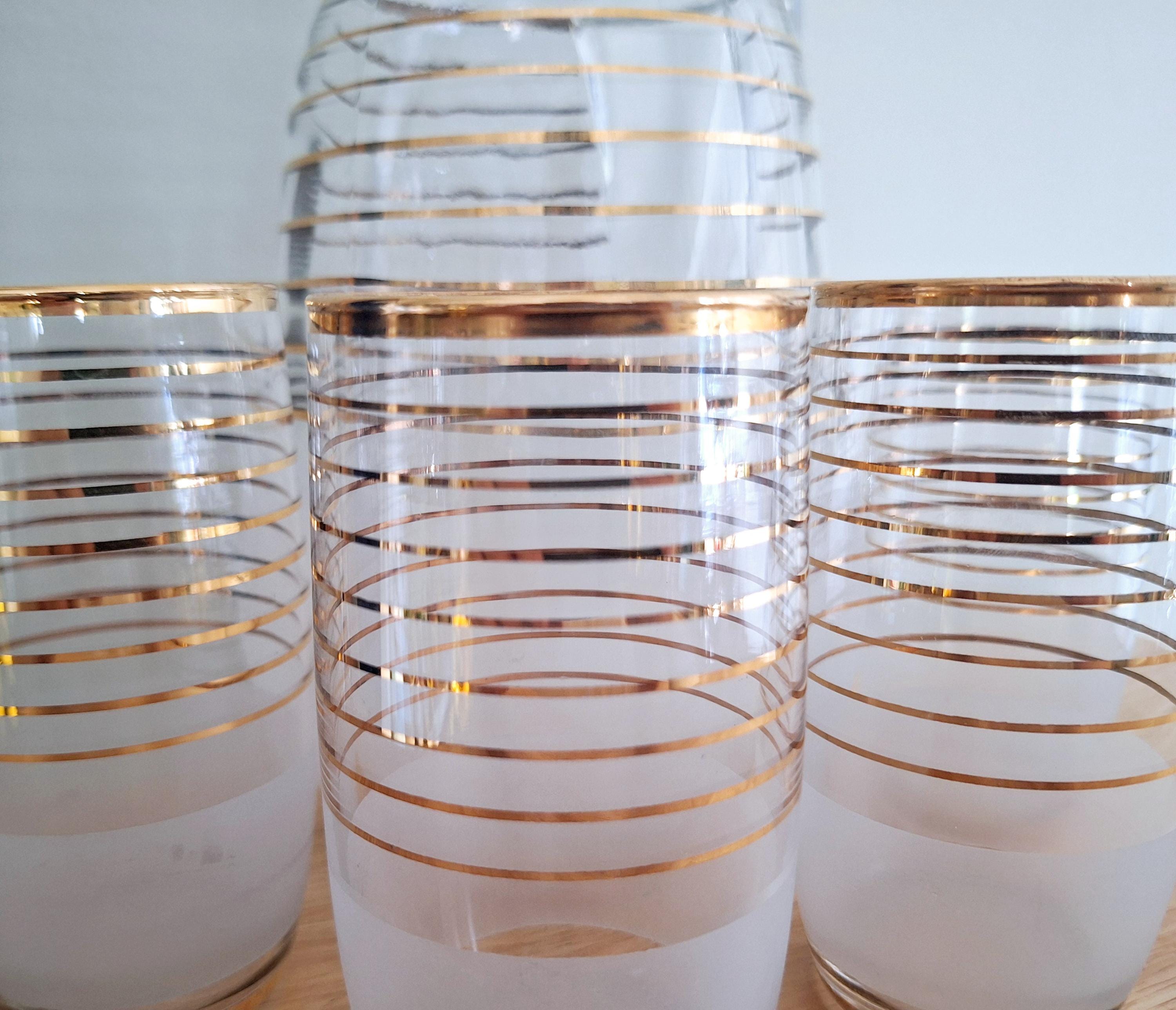 Vintage Mid-Century Gold Trim Frosted Glass Pitcher Set with 4 Matching Glasses  Elegant Barware Set for Entertaining