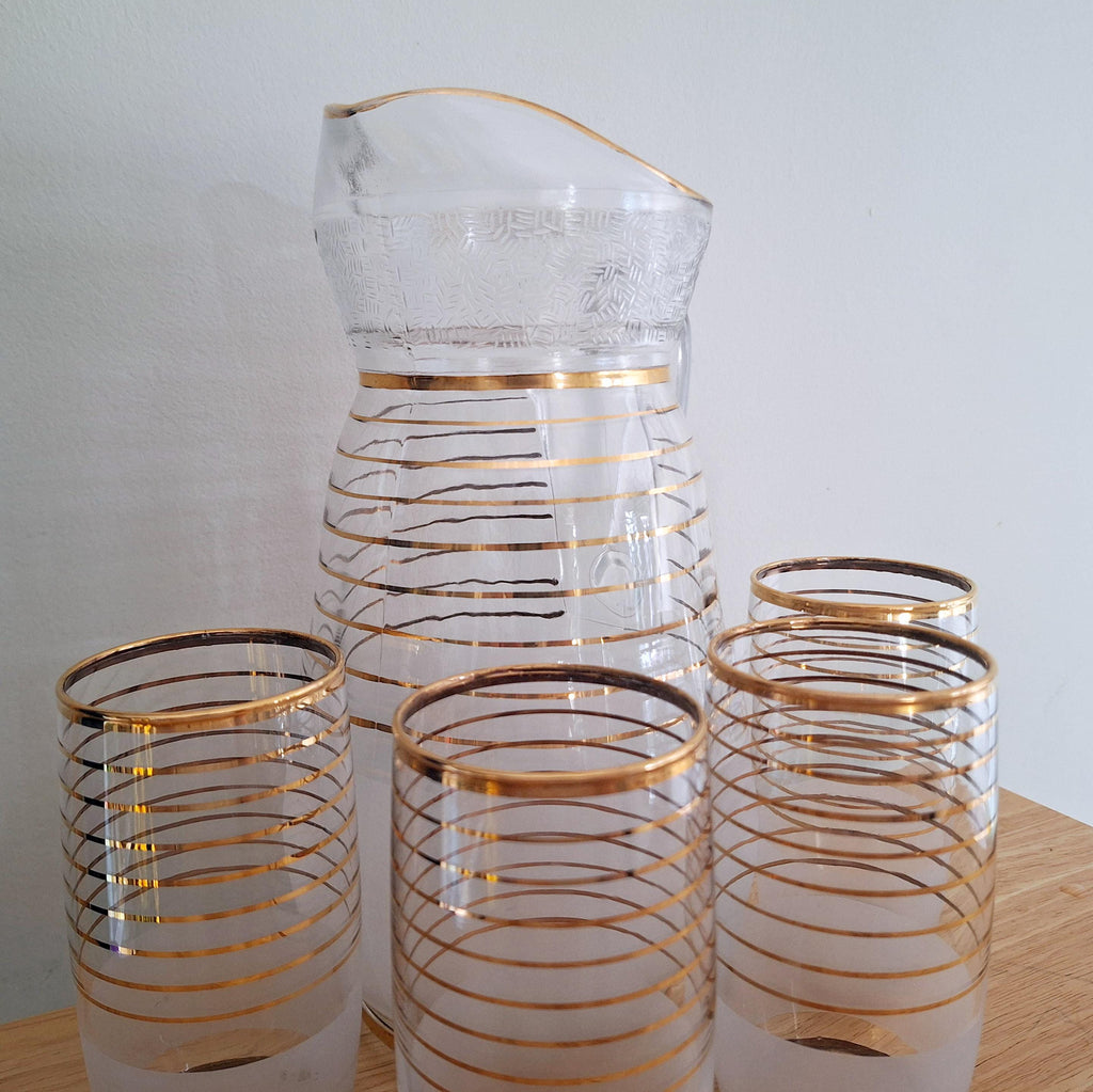 Vintage Mid-Century Gold Trim Frosted Glass Pitcher Set with 4 Matching Glasses  Elegant Barware Set for Entertaining