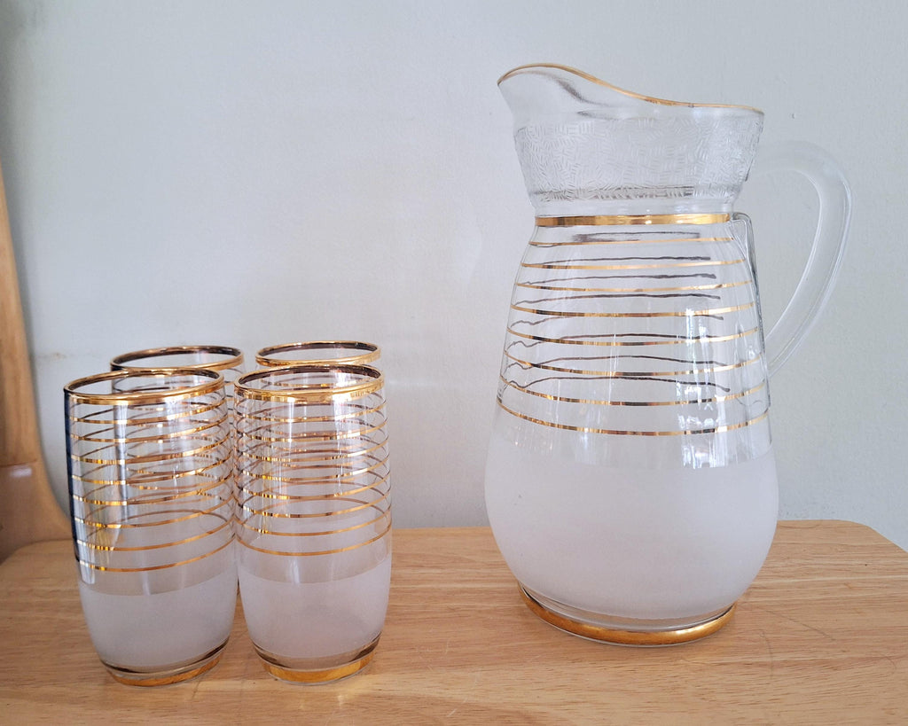 Vintage Mid-Century Gold Trim Frosted Glass Pitcher Set with 4 Matching Glasses  Elegant Barware Set for Entertaining