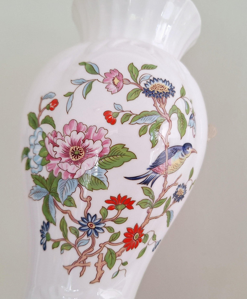Aynsley Pembroke Bone China Vase - 8.5" Cascade Vase with Floral and Bird Motif  Vintage Collectible Fine English China - Gold Trimmed Edges