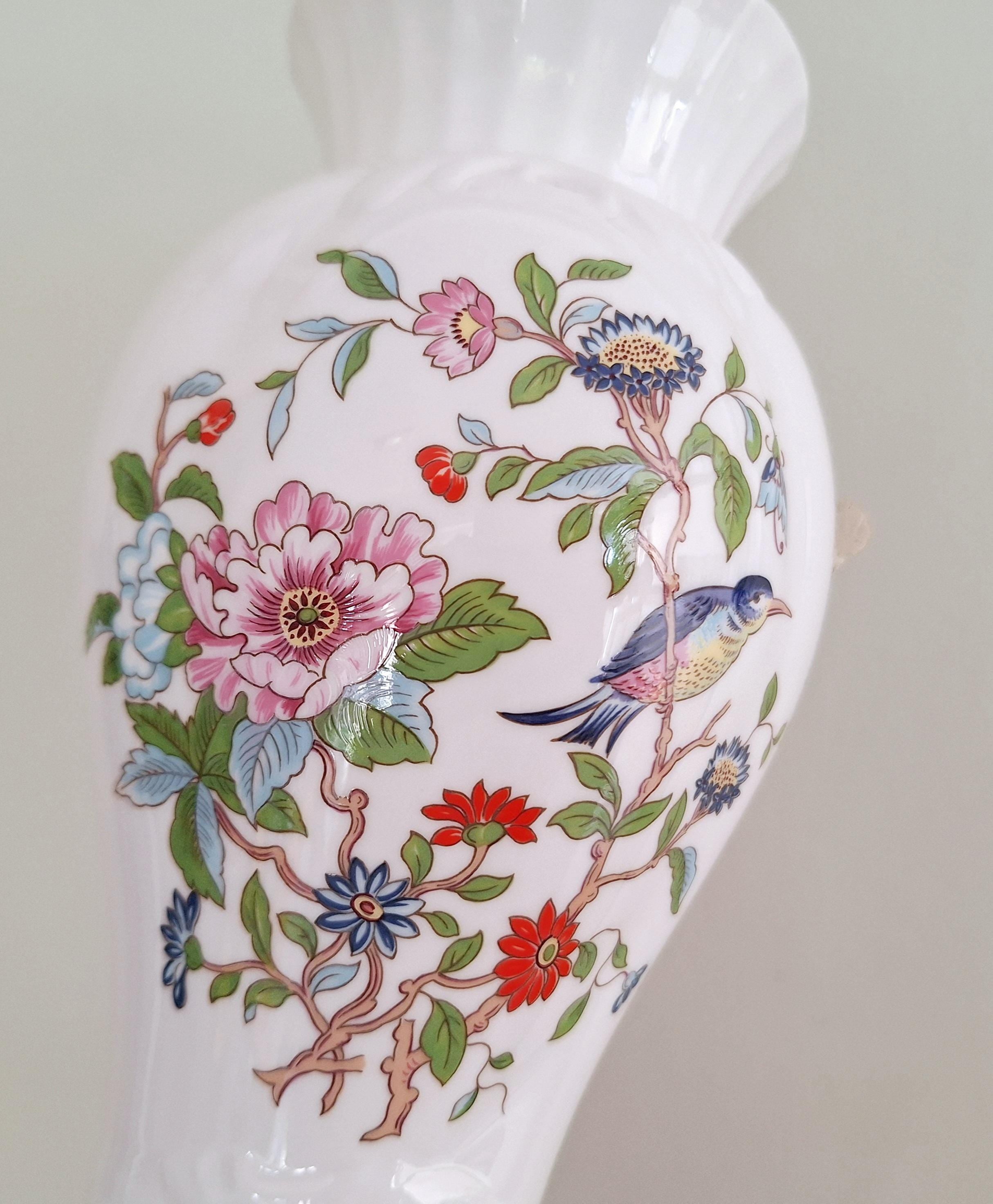 Aynsley Pembroke Bone China Vase - 8.5" Cascade Vase with Floral and Bird Motif  Vintage Collectible Fine English China - Gold Trimmed Edges