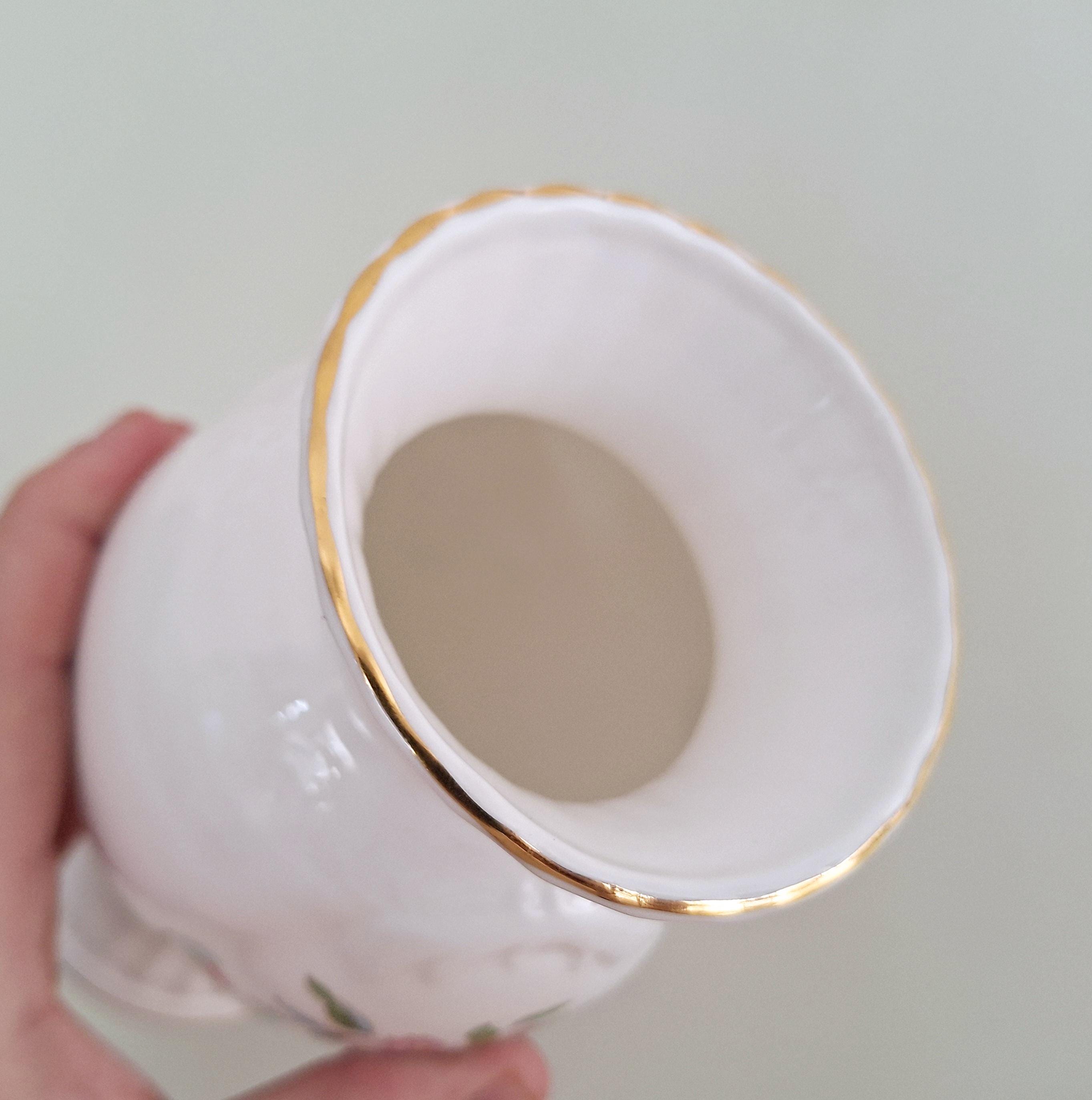 Aynsley Pembroke Bone China Vase - 8.5" Cascade Vase with Floral and Bird Motif  Vintage Collectible Fine English China - Gold Trimmed Edges