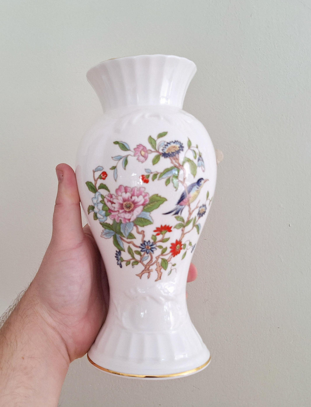 Aynsley Pembroke Bone China Vase - 8.5" Cascade Vase with Floral and Bird Motif  Vintage Collectible Fine English China - Gold Trimmed Edges