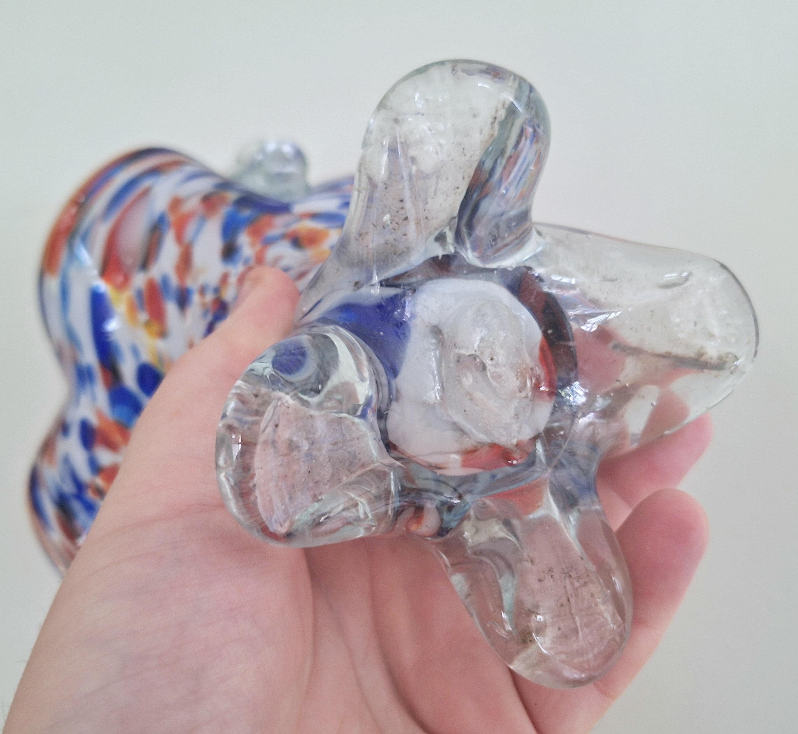 Vintage Hand Blown Murano Spatter Glass Basket Vase with Clear Glass Handle and Colourful Splatter Design  Decorative Collectible