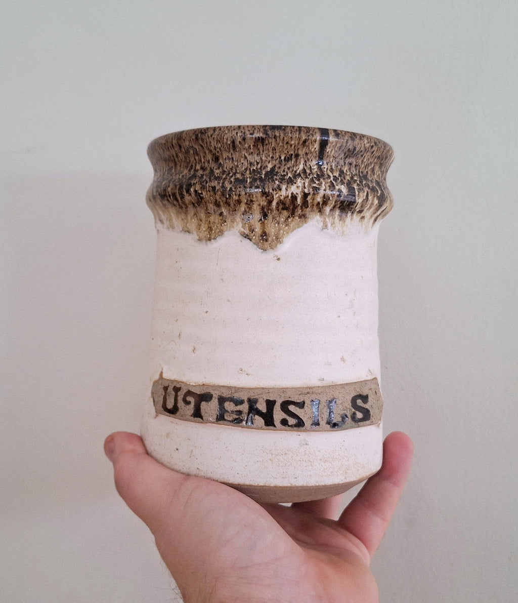 Handmade Stoneware Utensil Holder Rustic Drip Glaze Ceramic Kitchen Tool Crock - Farmhouse Style Kitchen Storage Jar - Utensil Crock Holder