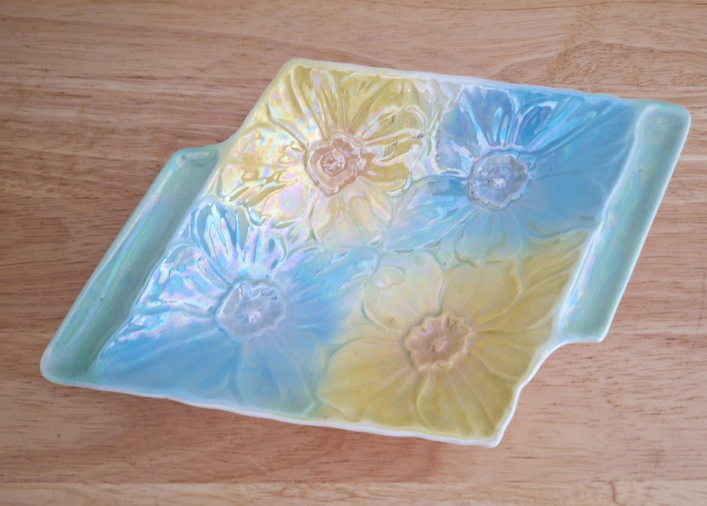 Vintage Beswick Iridescent Rectangular Flower Dish 639 - Retro Ceramic Art Deco Tray with Pastel Blue, Yellow, and Green Flower Pattern -