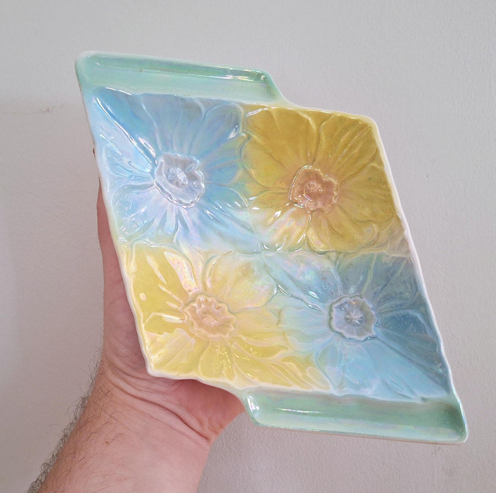 Vintage Beswick Iridescent Rectangular Flower Dish 639 - Retro Ceramic Art Deco Tray with Pastel Blue, Yellow, and Green Flower Pattern -