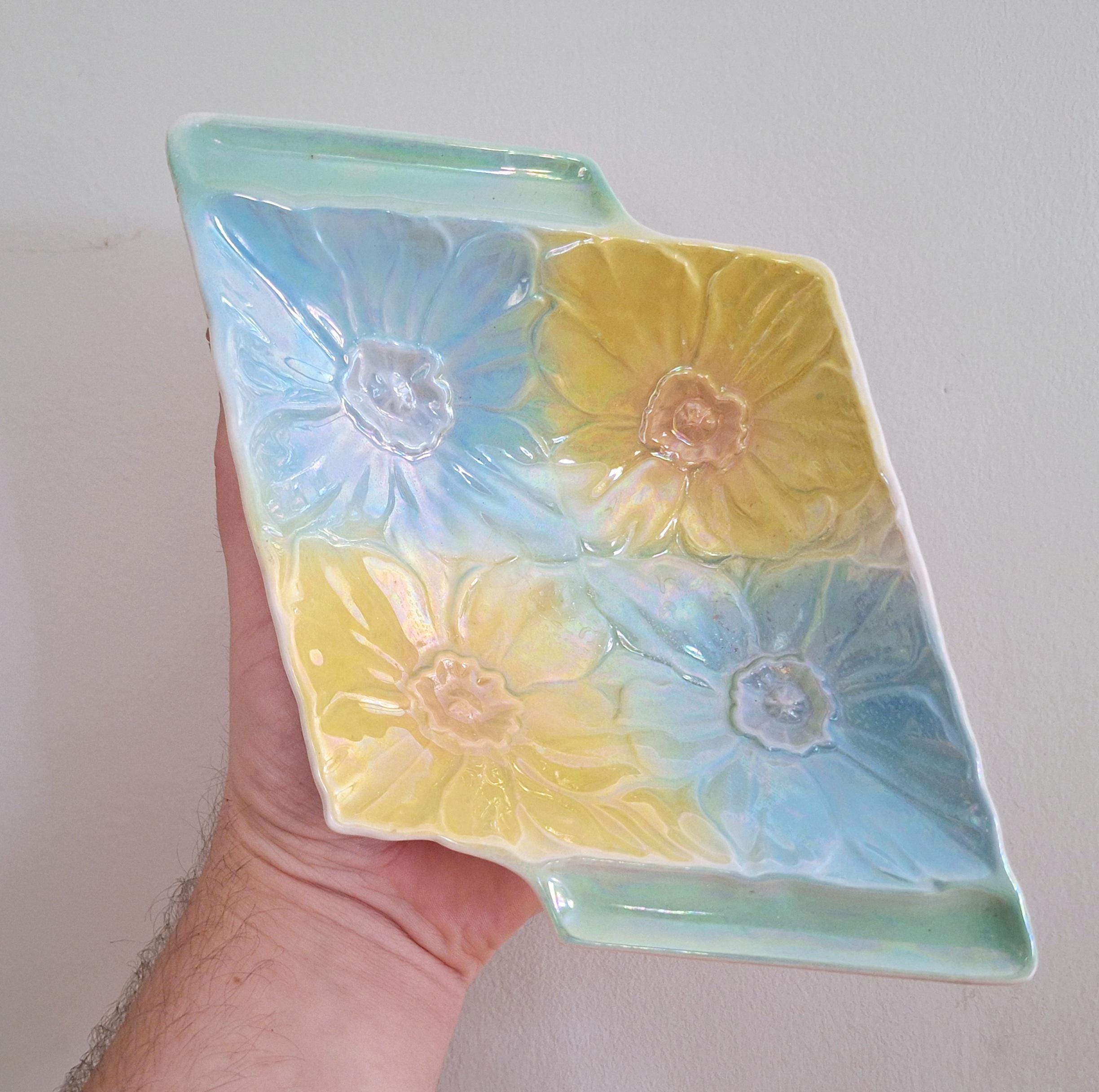 Vintage Beswick Iridescent Rectangular Flower Dish 639 - Retro Ceramic Art Deco Tray with Pastel Blue, Yellow, and Green Flower Pattern -