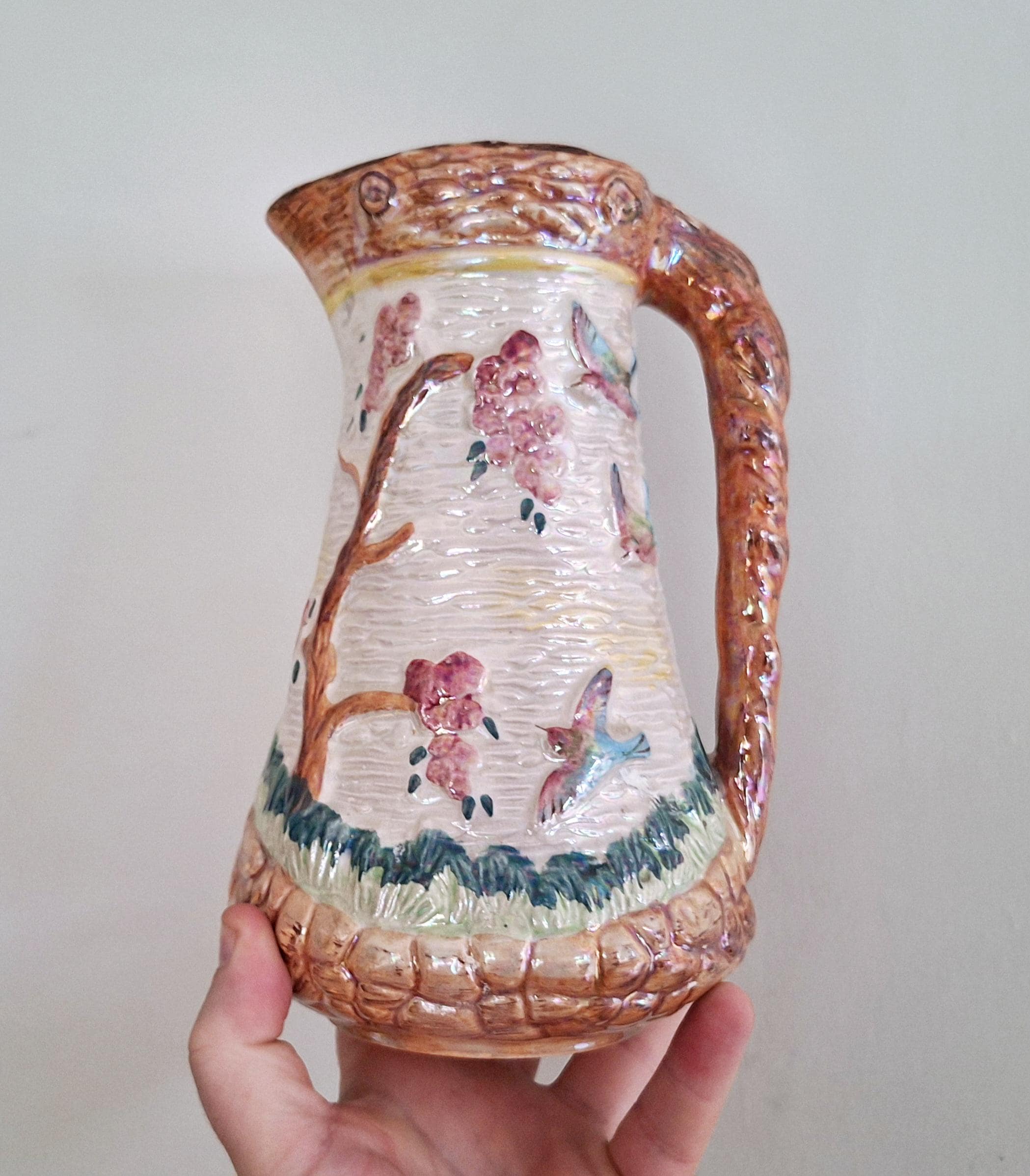 Vintage Wood & Sons Walwood Jug, Tree and Bird Motif, English Pottery from the 1930s-1940s, Earthenware Pitcher, Rustic Cottagecore Decor