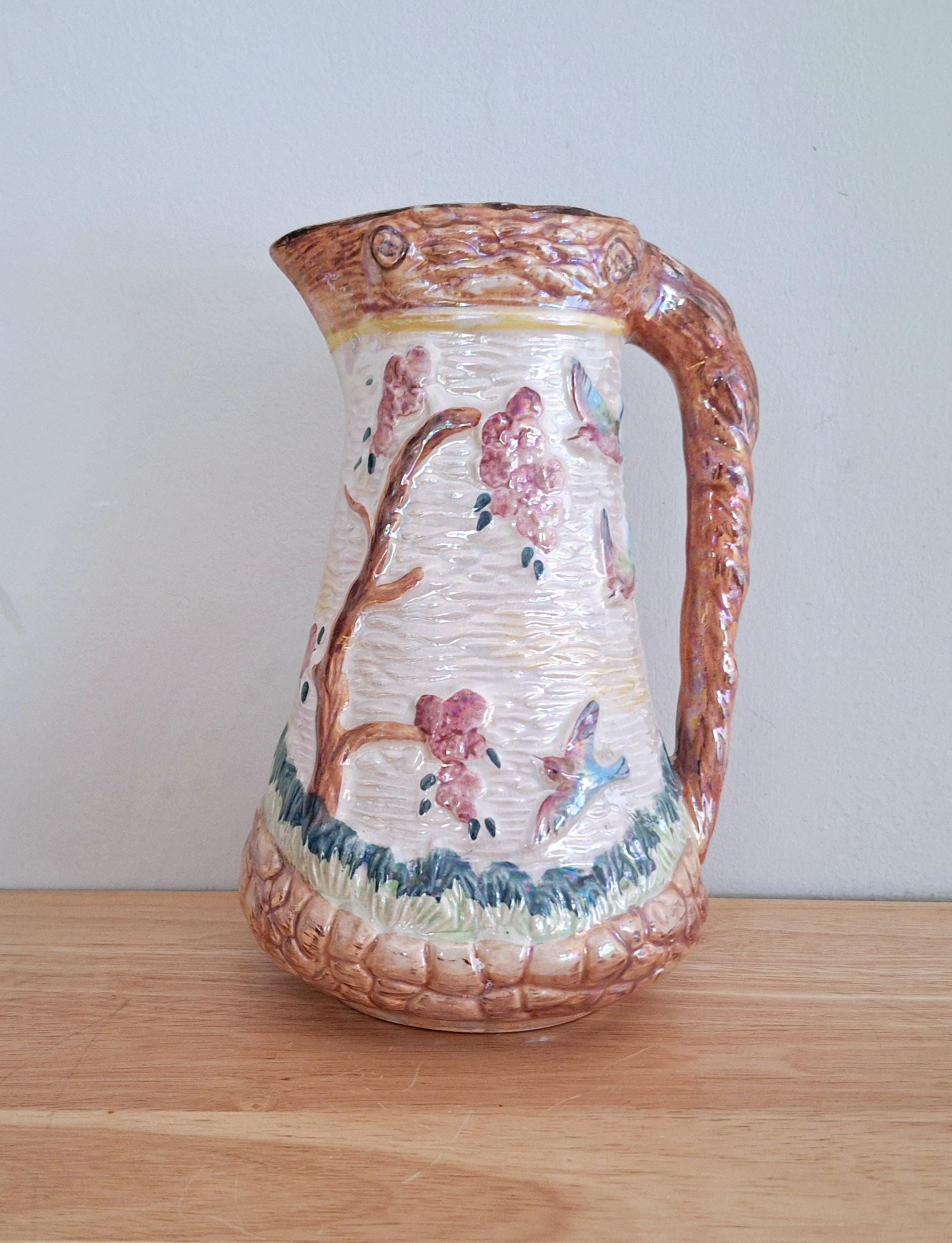 Vintage Wood & Sons Walwood Jug, Tree and Bird Motif, English Pottery from the 1930s-1940s, Earthenware Pitcher, Rustic Cottagecore Decor