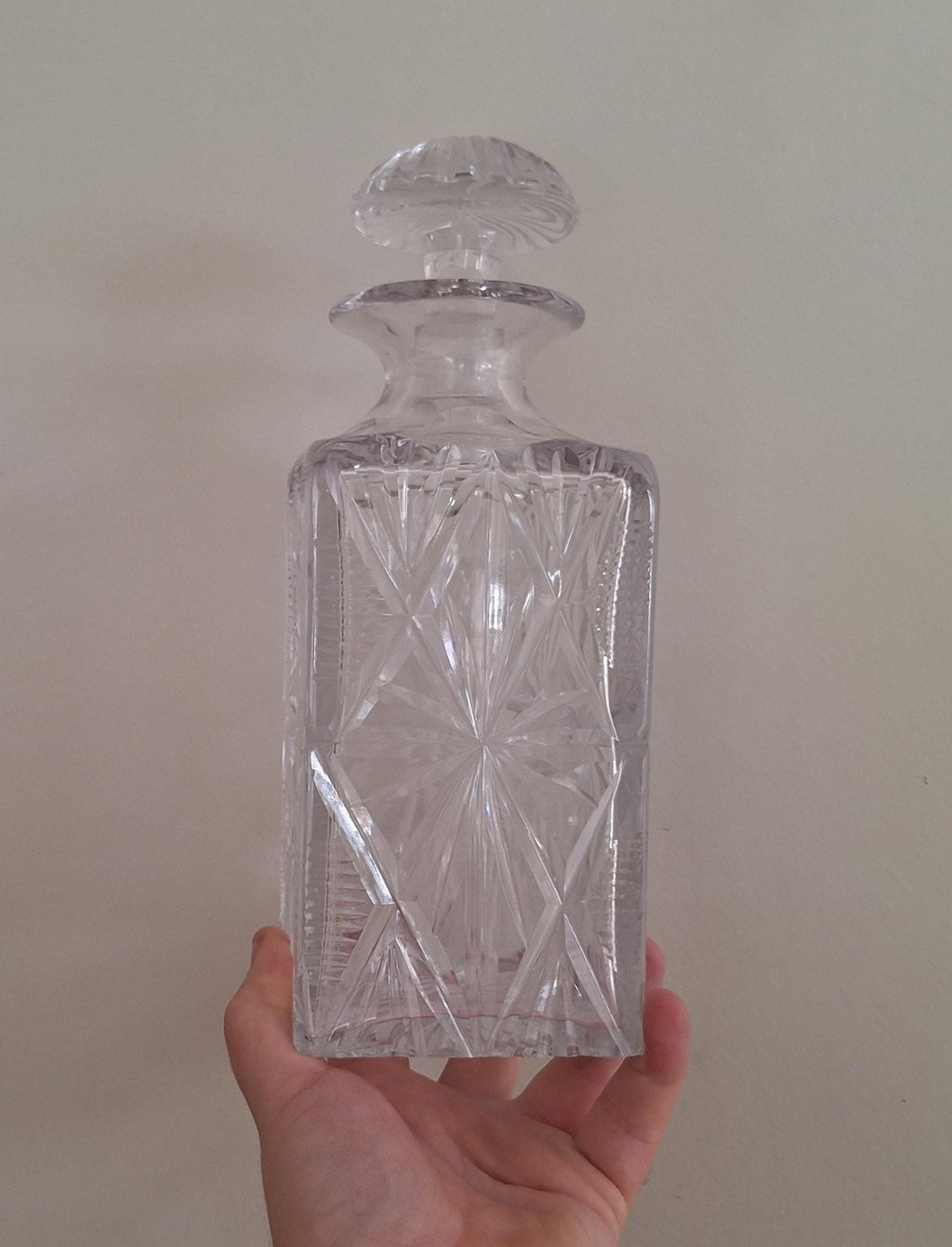 Vintage Cut Glass Decanter with Stopper | Geometric Starburst Design | Elegant Crystal Liquor Bottle | Barware | Collectible Glassware