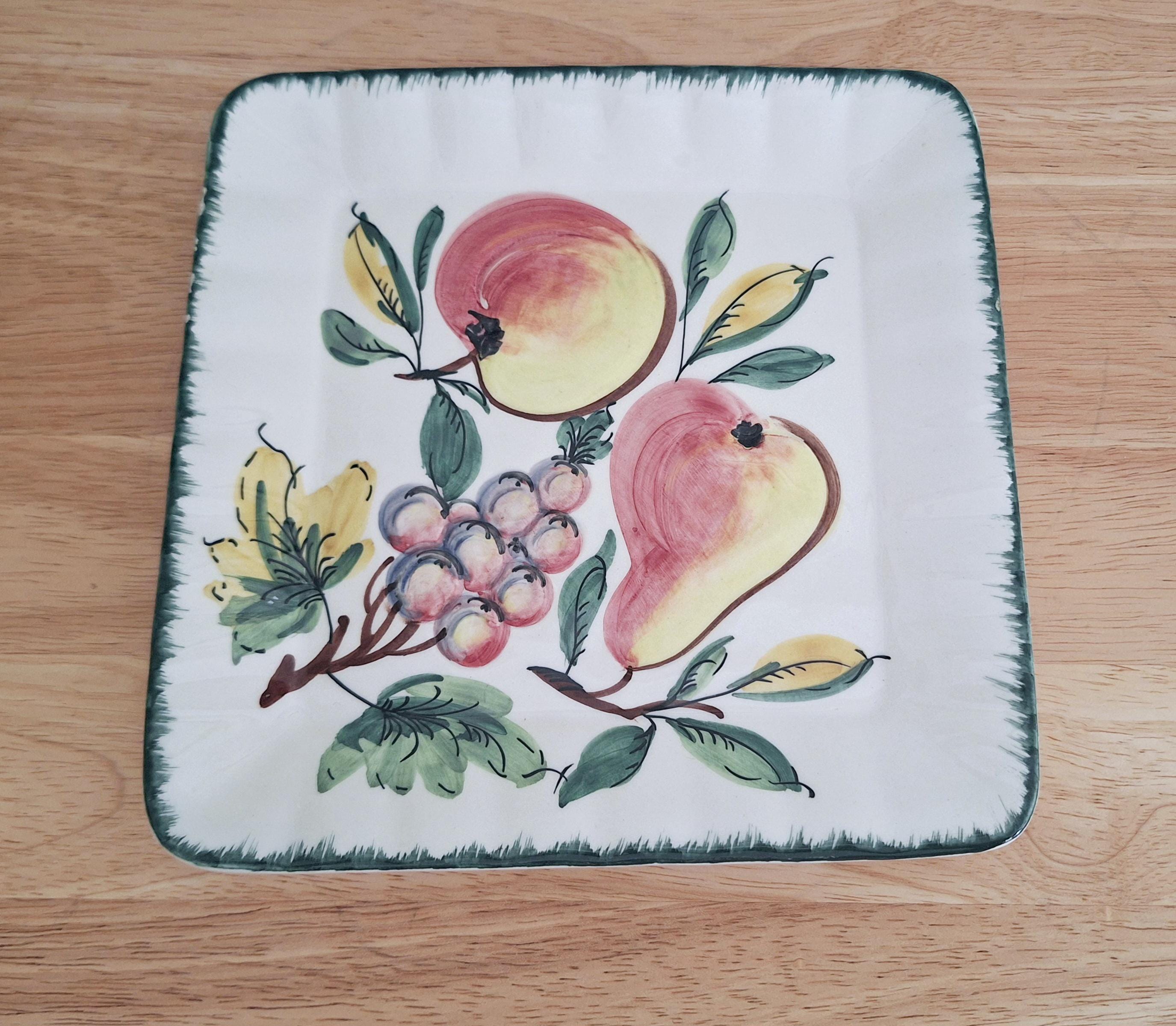 Vintage Hand-Painted Italian Ceramic Fruit Design Plate | Square Italy Plate with Peach, Pear, and Grape Motif | Rustic Kitchen Decor