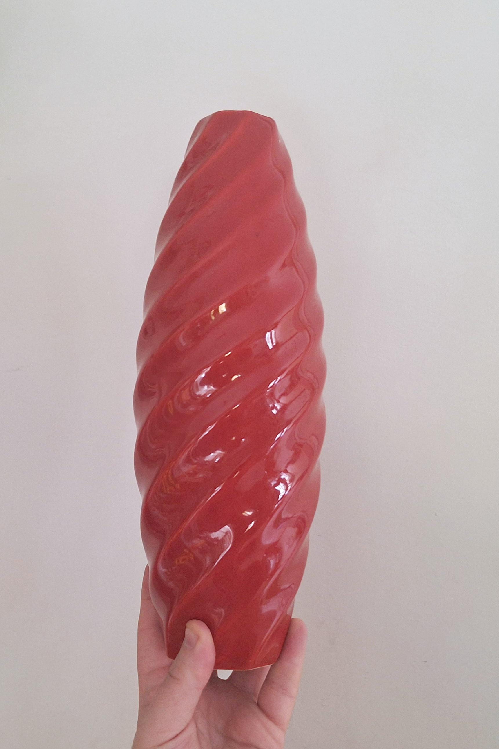 Vintage Red Ceramic Twisted Spiral Vase  Retro Mid-Century Modern Art Pottery  1950s Decor Statement Piece, Bold Red Ceramic Home Accent