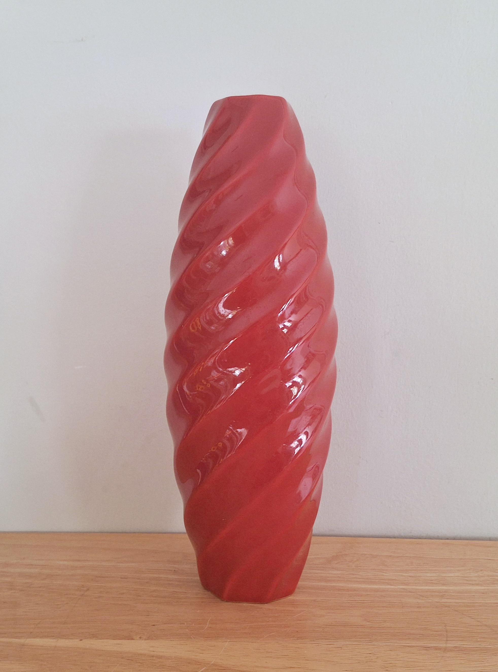Vintage Red Ceramic Twisted Spiral Vase  Retro Mid-Century Modern Art Pottery  1950s Decor Statement Piece, Bold Red Ceramic Home Accent