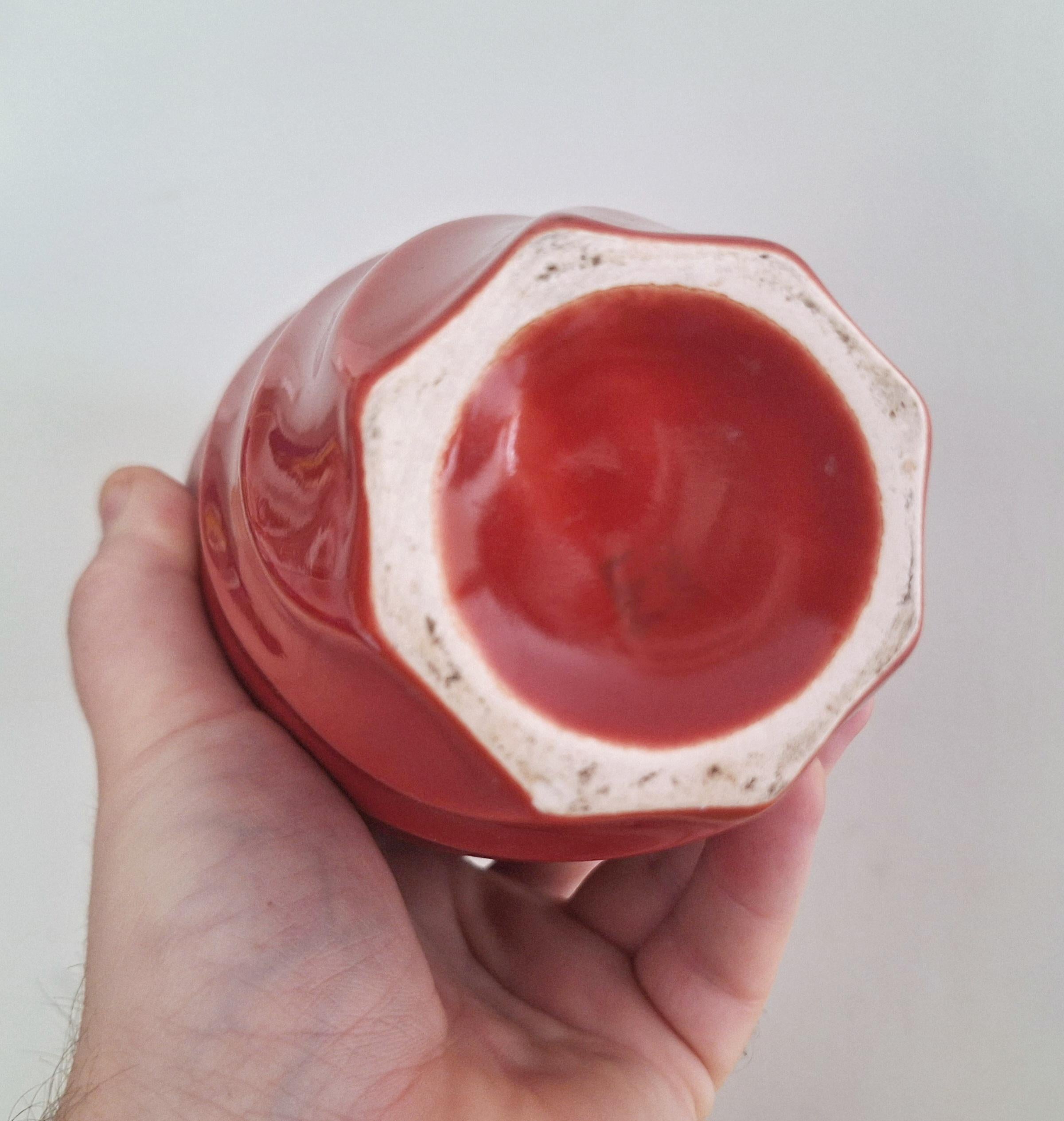 Vintage Red Ceramic Twisted Spiral Vase  Retro Mid-Century Modern Art Pottery  1950s Decor Statement Piece, Bold Red Ceramic Home Accent
