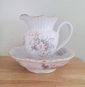 Vintage Marigold Pottery Hand-Painted Floral Pitcher and Basin Set - Made in England - Charming Pastel Flowers & Gilded Trim