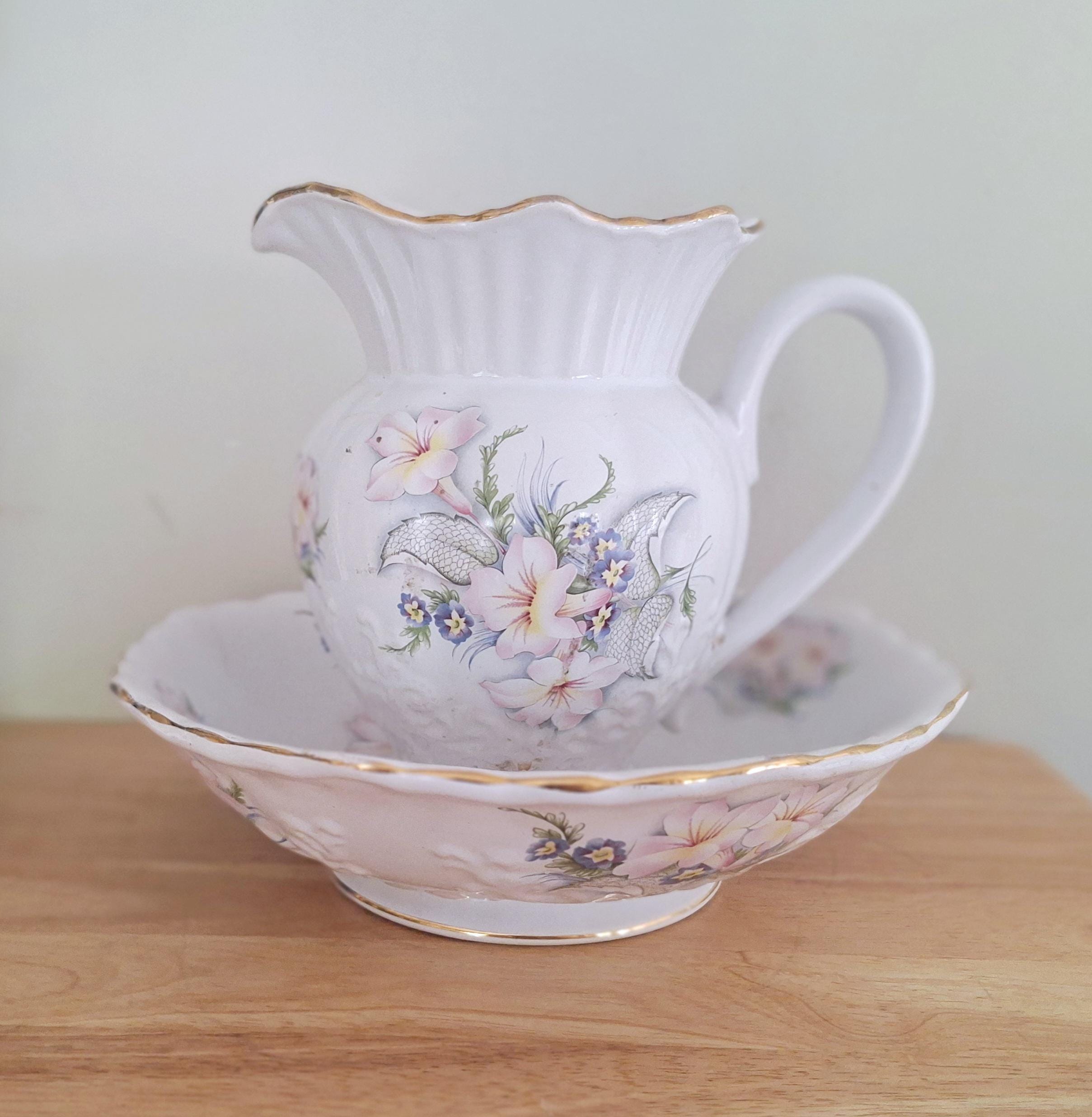 Vintage Marigold Pottery Hand-Painted Floral Pitcher and Basin Set - Made in England - Charming Pastel Flowers & Gilded Trim