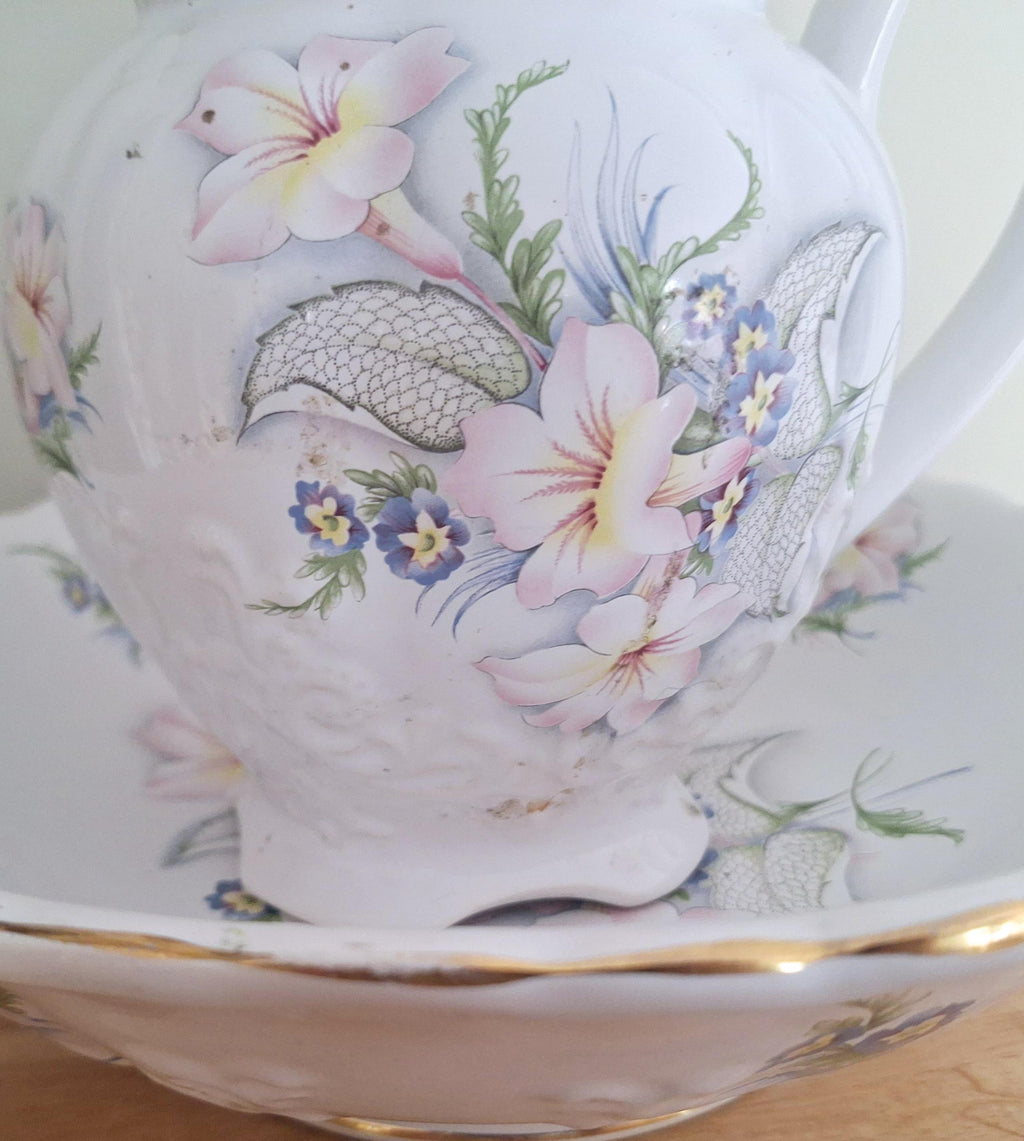 Vintage Marigold Pottery Hand-Painted Floral Pitcher and Basin Set - Made in England - Charming Pastel Flowers & Gilded Trim
