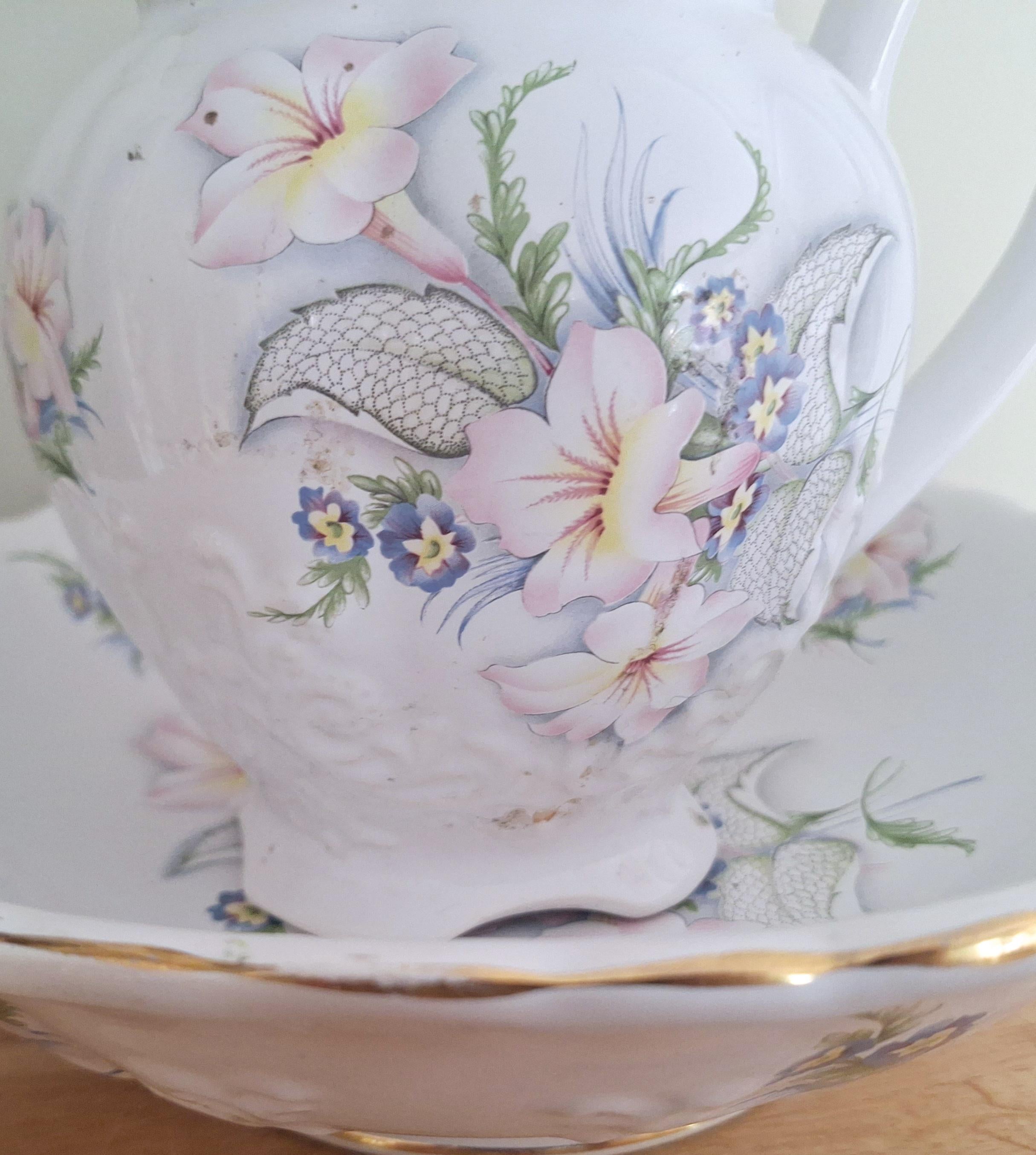 Vintage Marigold Pottery Hand-Painted Floral Pitcher and Basin Set - Made in England - Charming Pastel Flowers & Gilded Trim