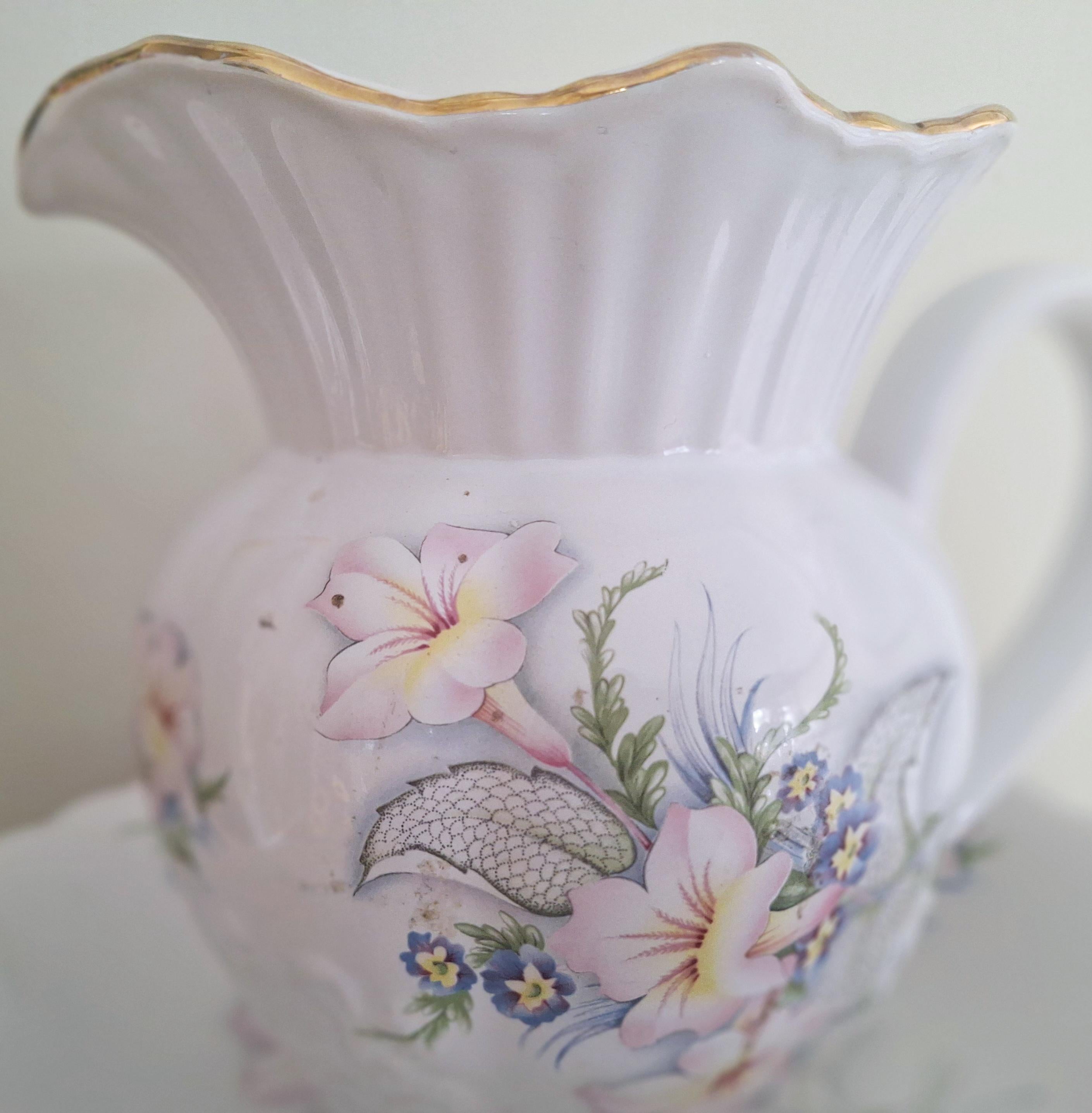 Vintage Marigold Pottery Hand-Painted Floral Pitcher and Basin Set - Made in England - Charming Pastel Flowers & Gilded Trim