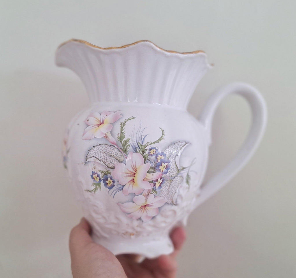 Vintage Marigold Pottery Hand-Painted Floral Pitcher and Basin Set - Made in England - Charming Pastel Flowers & Gilded Trim