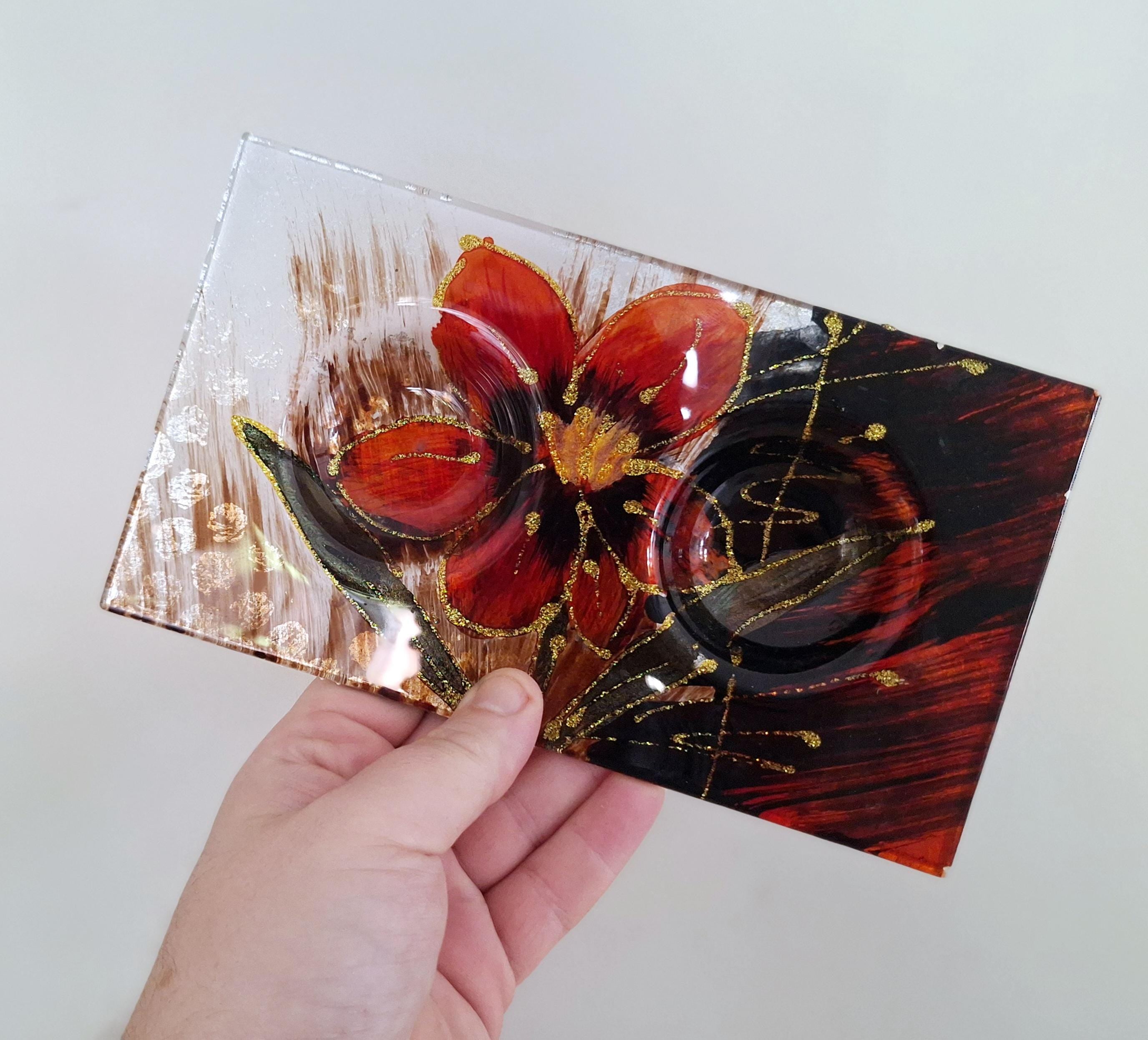 Hand-Painted Glass Tea Light Holder with Red Flower Design  Decorative Candle Holder with Gold Detailing  Home Décor, Gift Idea