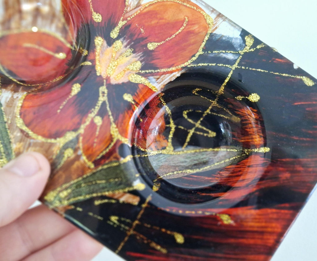 Hand-Painted Glass Tea Light Holder with Red Flower Design  Decorative Candle Holder with Gold Detailing  Home Décor, Gift Idea