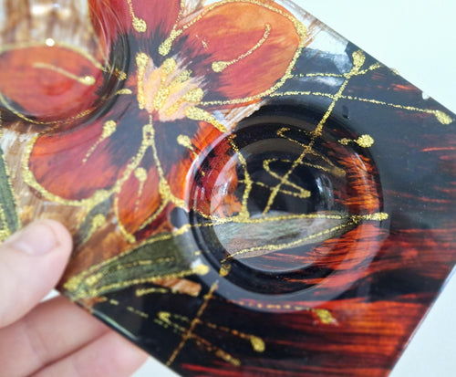 Hand-Painted Glass Tea Light Holder with Red Flower Design  Decorative Candle Holder with Gold Detailing  Home Décor, Gift Idea
